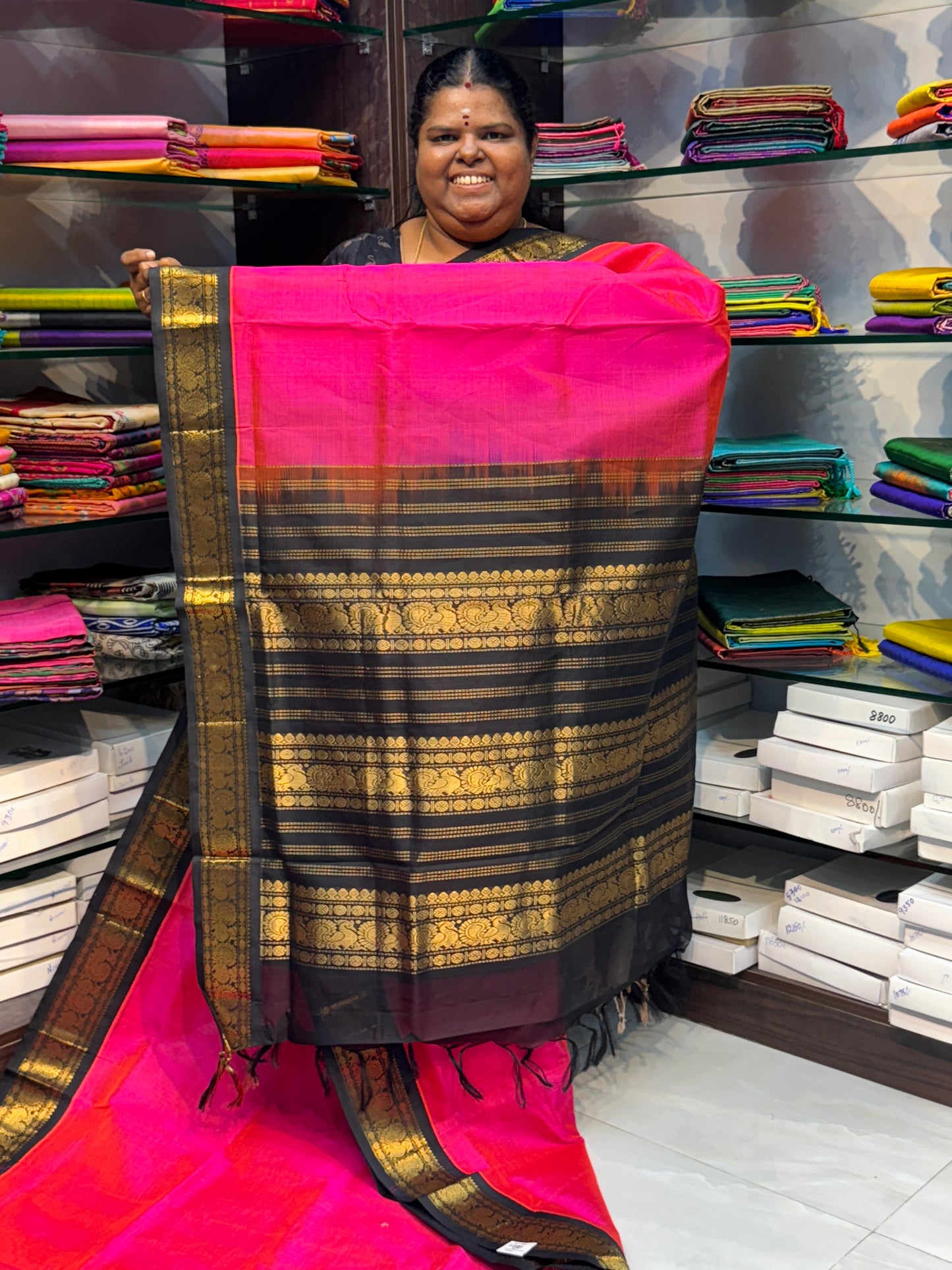 Pure Korvai Silk Cotton - Peachish Pink with Black Combo - VVKSC007