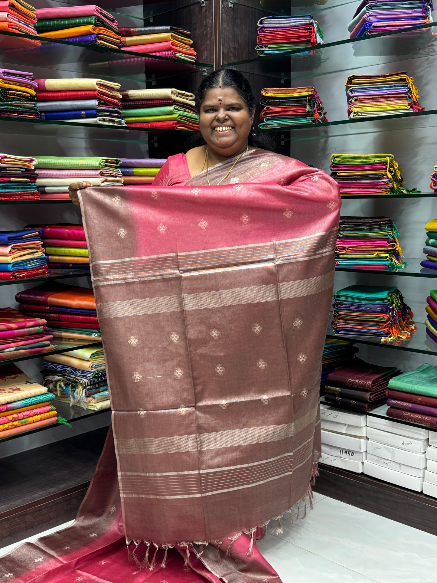 Bhagalpuri Silk - Vaira Voosi Lines - Pink & Chocolate Brown Combo - VVBSV001