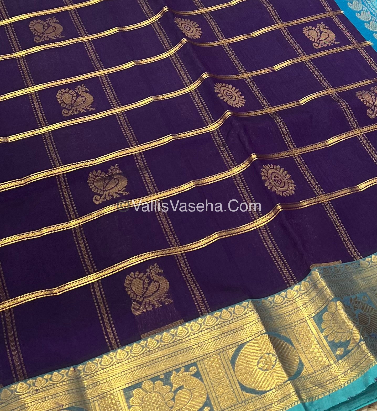 Pure Silk Cotton Saree - Mayil & Chakkaram Design - Purple With Blue Combo -VVMC003