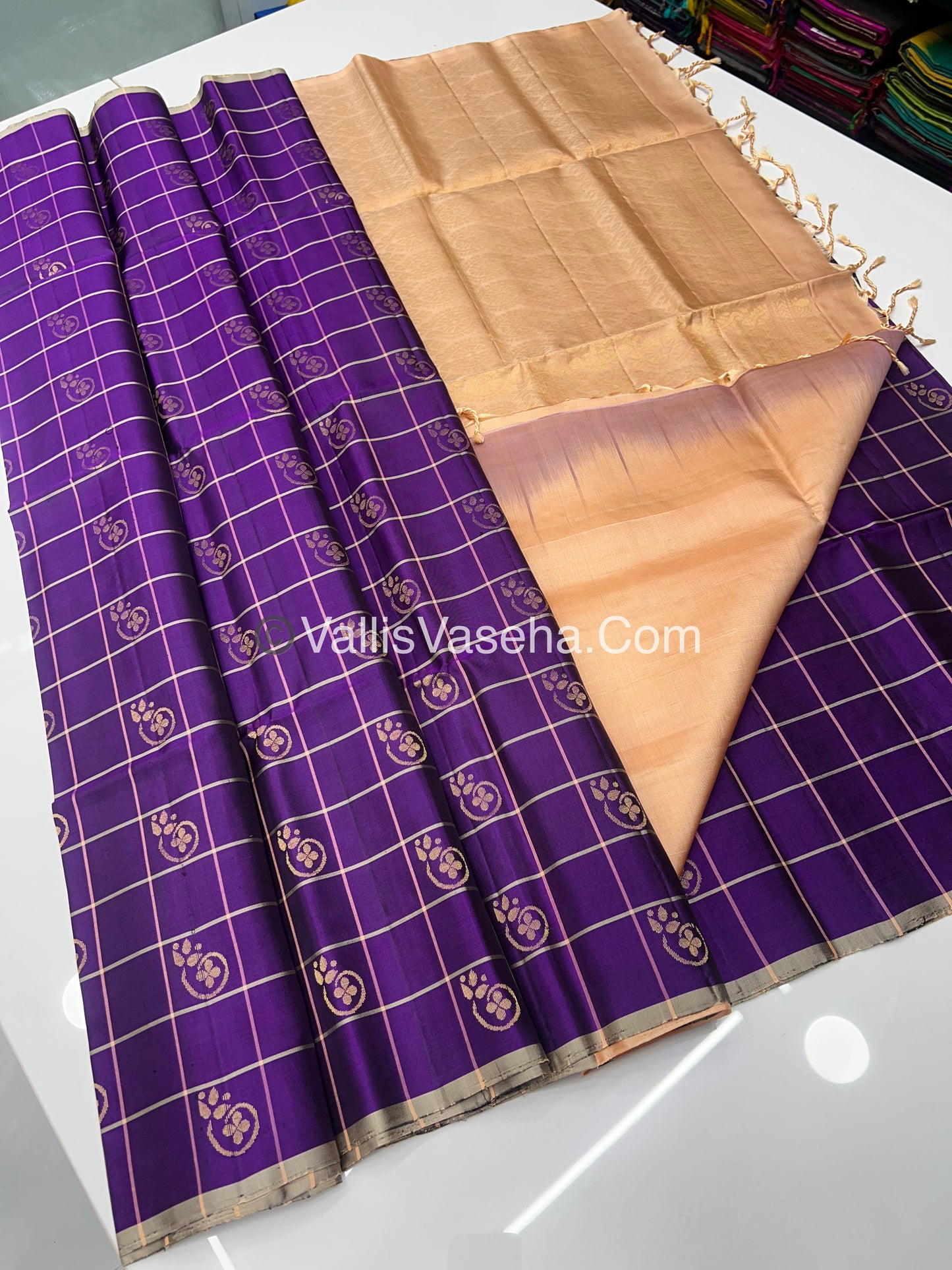 Purple with Creamish light peach Combo - Pure Soft Silk Saree - VVPSS010