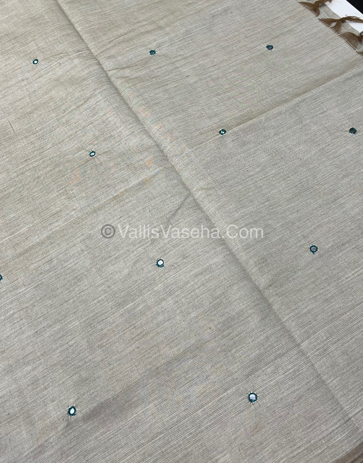 South Mixed Cotton - Mirror Work Embroidery - Cream With Green - VVPCM002