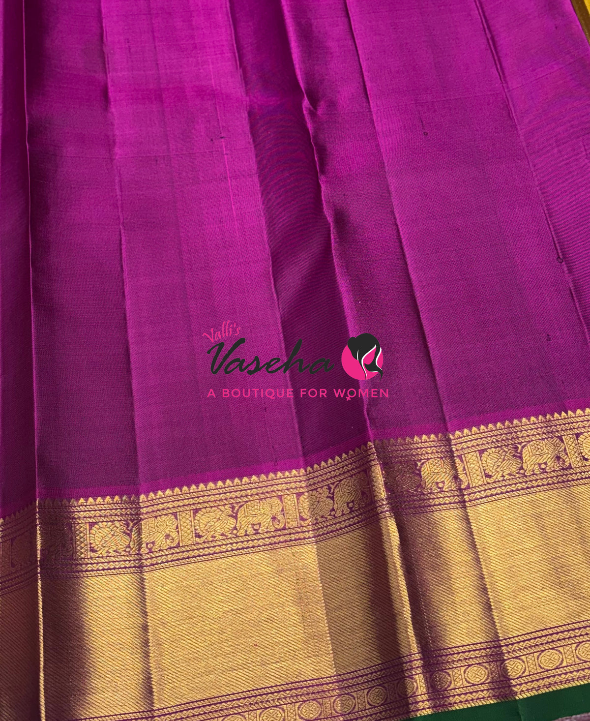 Pure Kanchipuram Silk Saree - Vairavoosi Design - Mustard Yellow With Purplish Pink - VVPS059