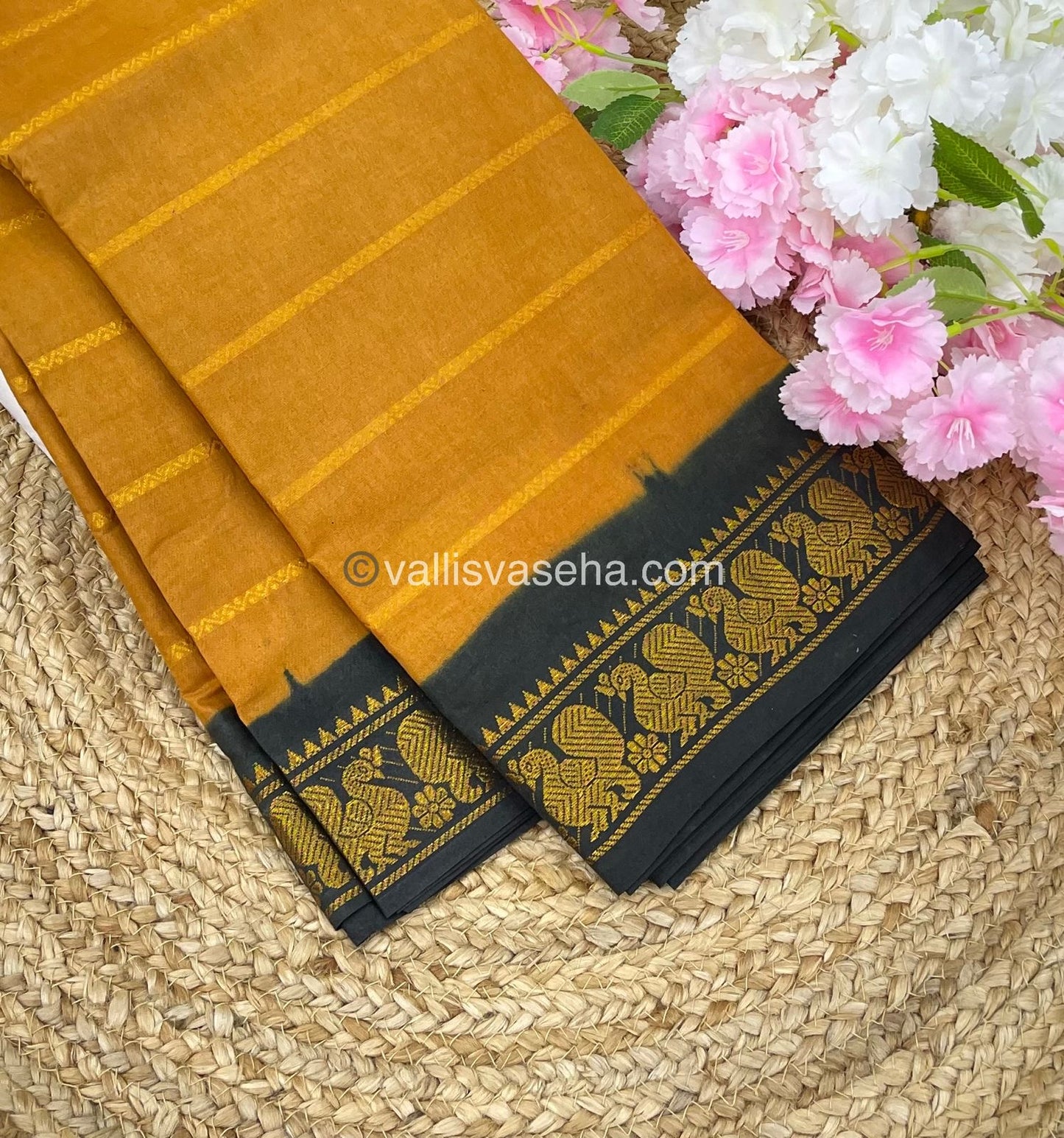 Sungudi Cotton Saree | Velthari Design - Mustard Yellow with Dark Green Shade - VVSCV001