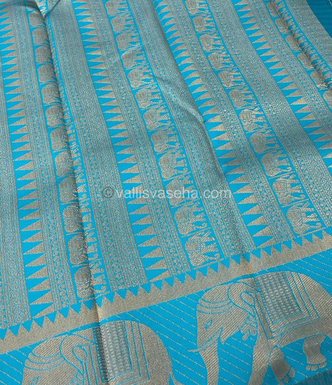 Semi Silk Saree - Kanchi Silk Style - Elephant Border - Yellow with Blue - VVSSS005