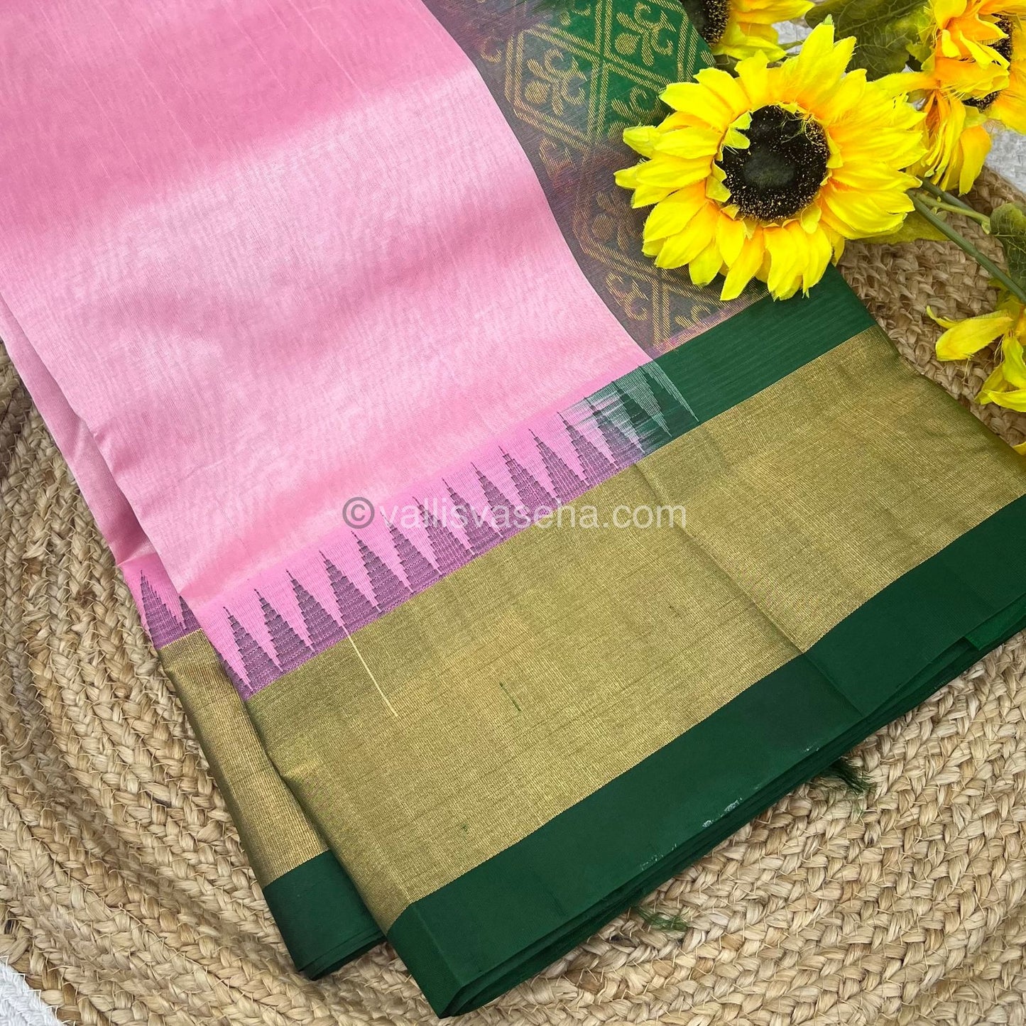 Pure Korvai Silk Cotton Saree - Pink With Green Shade Temple border - VVKSC001