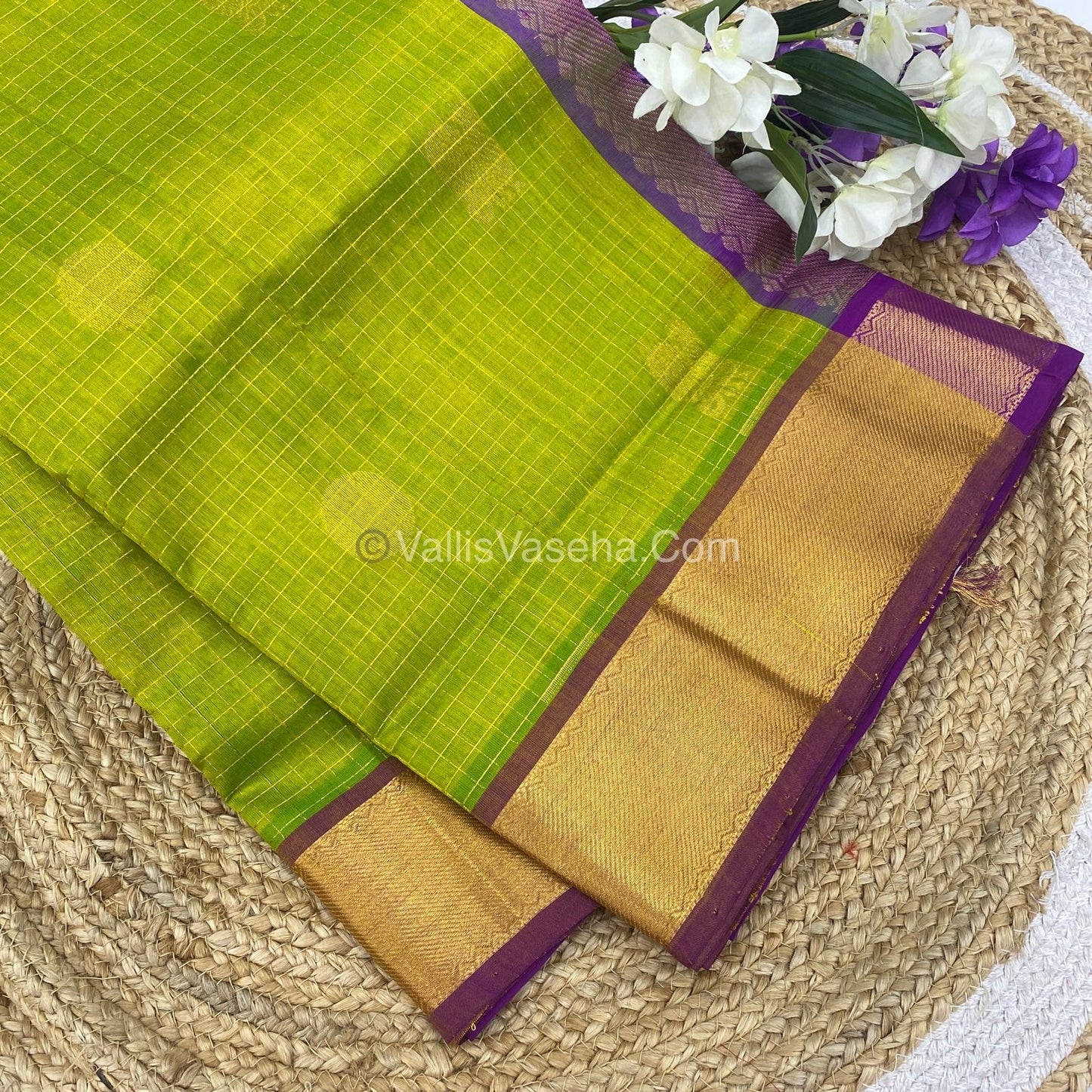 Pure Silk Cotton Saree - Mayil & Chakkaram Design - Lemon Green with Purple - VVMC002