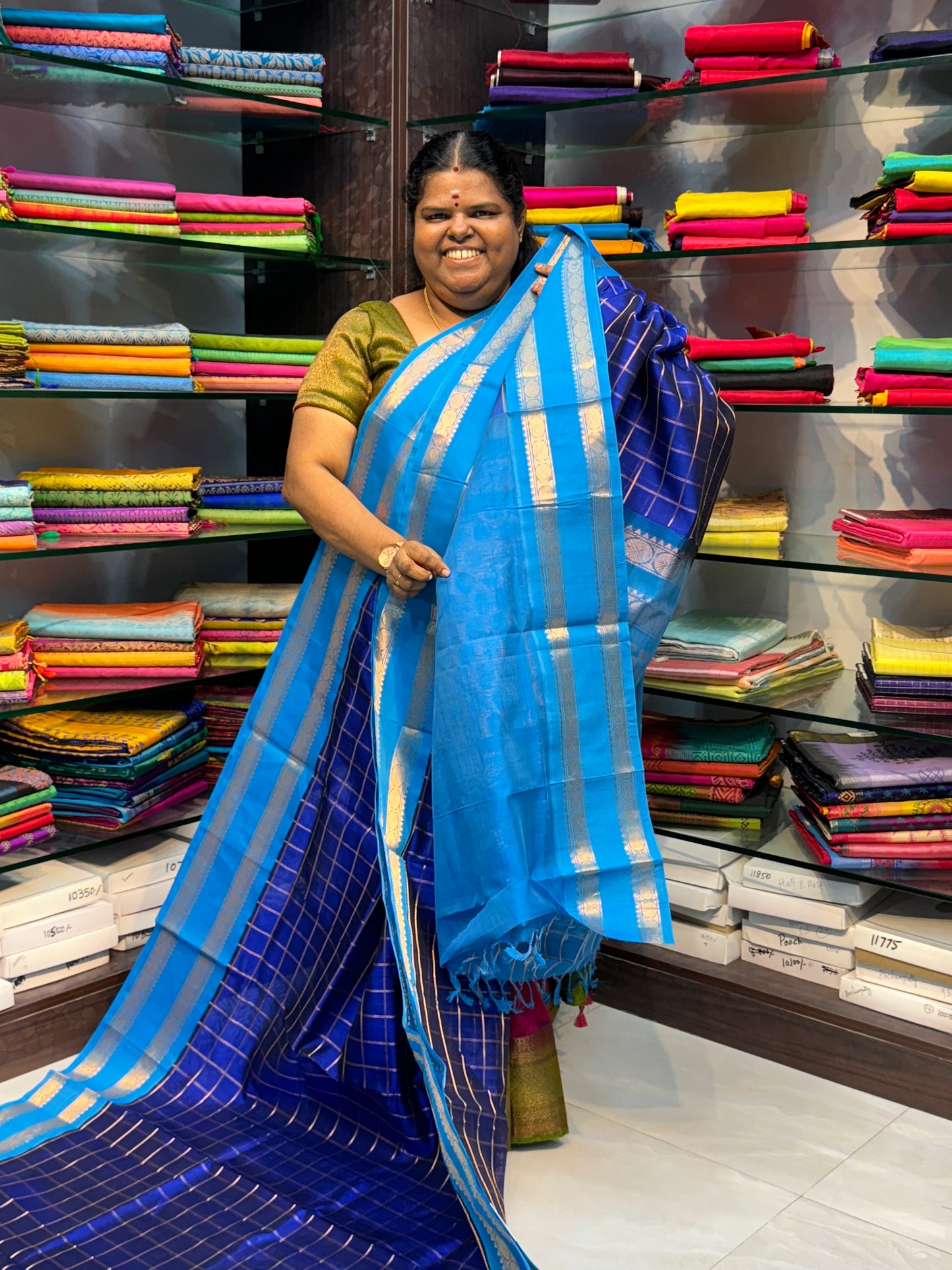 Pure Korvai Silk Cotton With Retta Petta Border - Checks pattern - Blue & Blue - VVKSC013