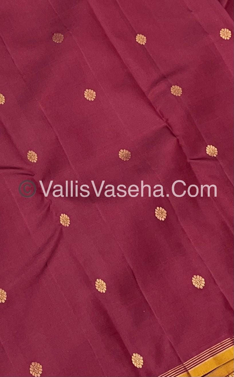 Pure Kanchipuram Silk Saree - Merun with Mustard( Venthayam Yellow) combo - VVPS006