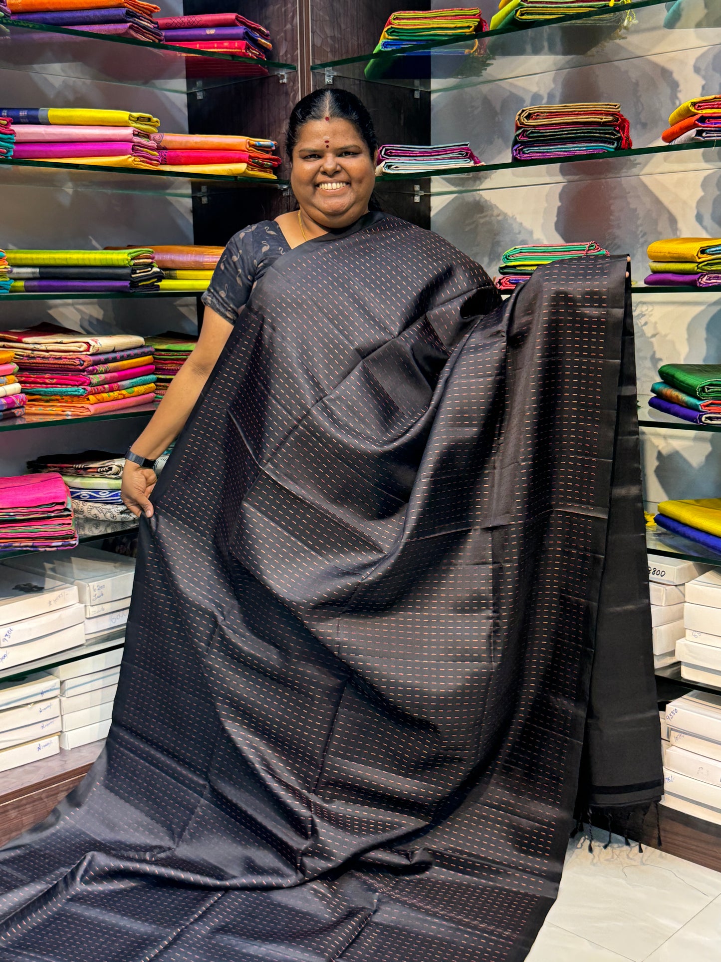 Pure Soft Silk Saree - Black - Rain Drop Design - VVPSS023