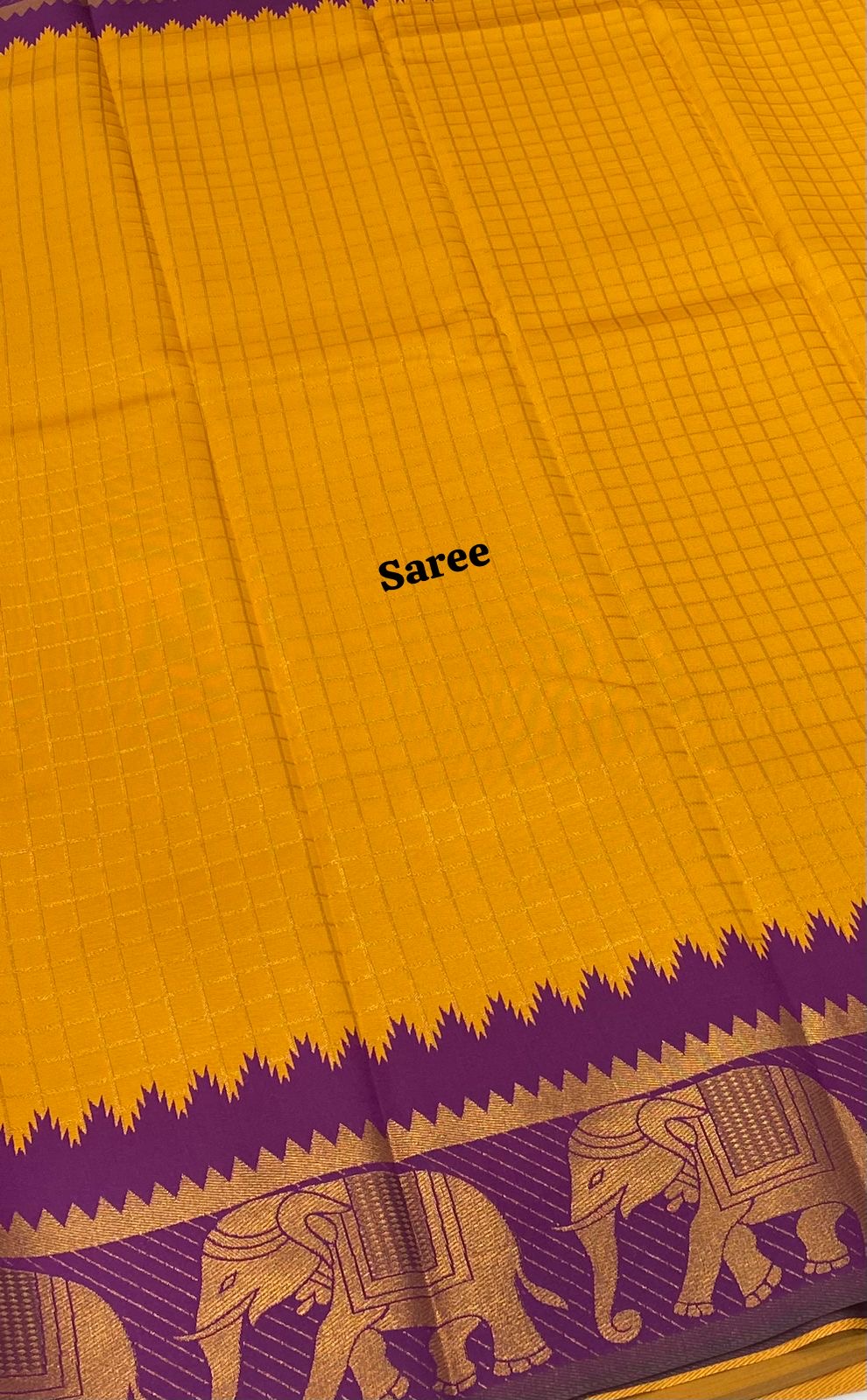 Semi Silk Saree - Kanchi Silk Style - Elephant Border - Dark Yellow with Purple - VVSSS005