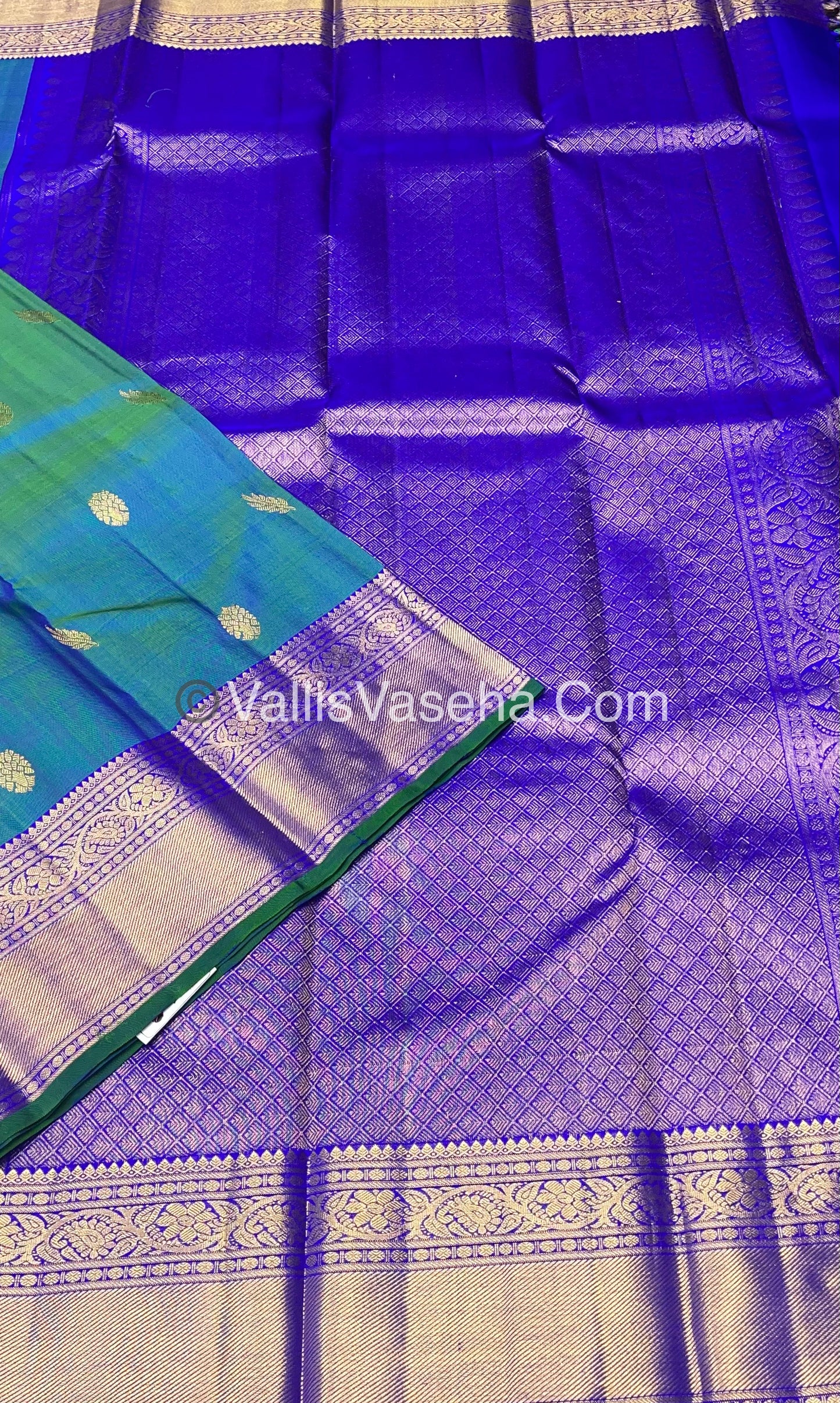 Pure Kanchipuram Silk Saree - Double Tone Bluish Green & Blue Combo - VVPS014