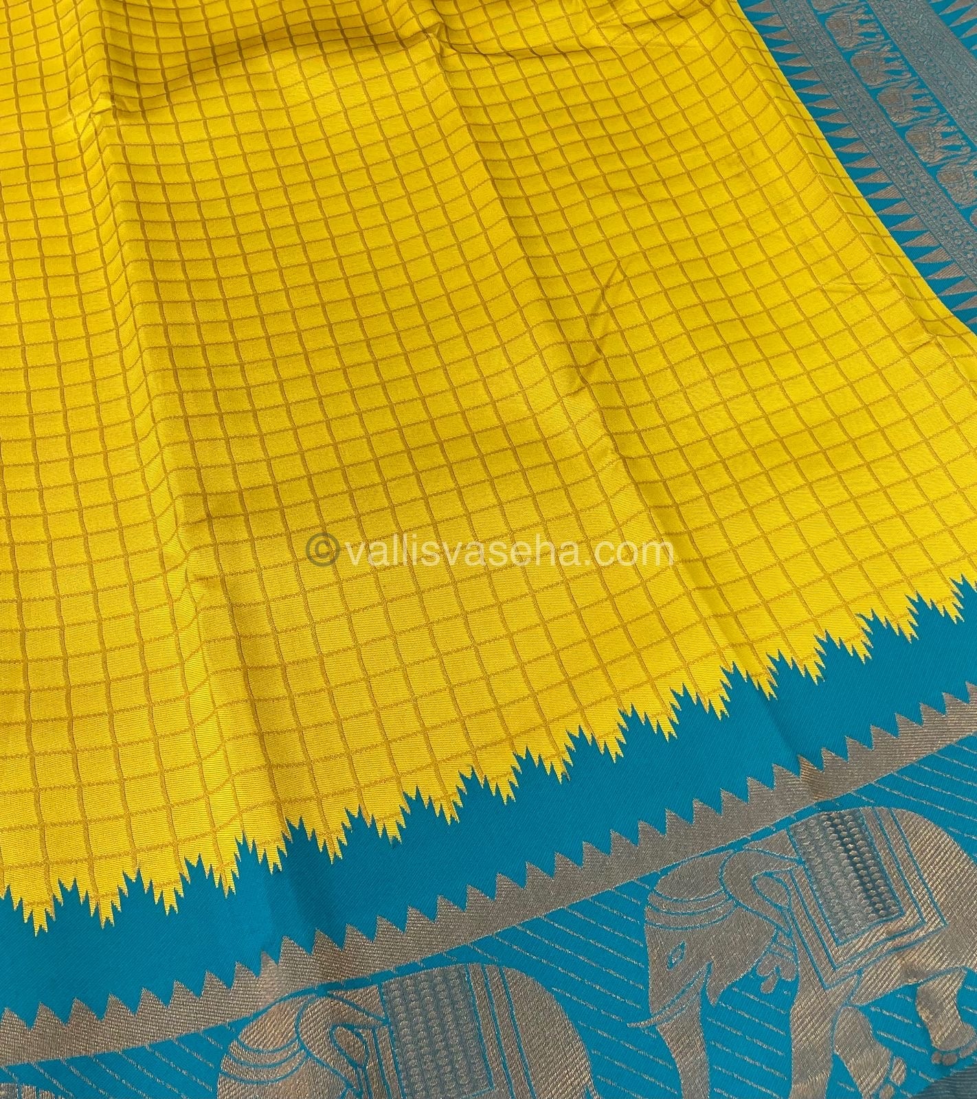 Semi Silk Saree - Kanchi Silk Style - Elephant Border - Yellow with Blue - VVSSS005