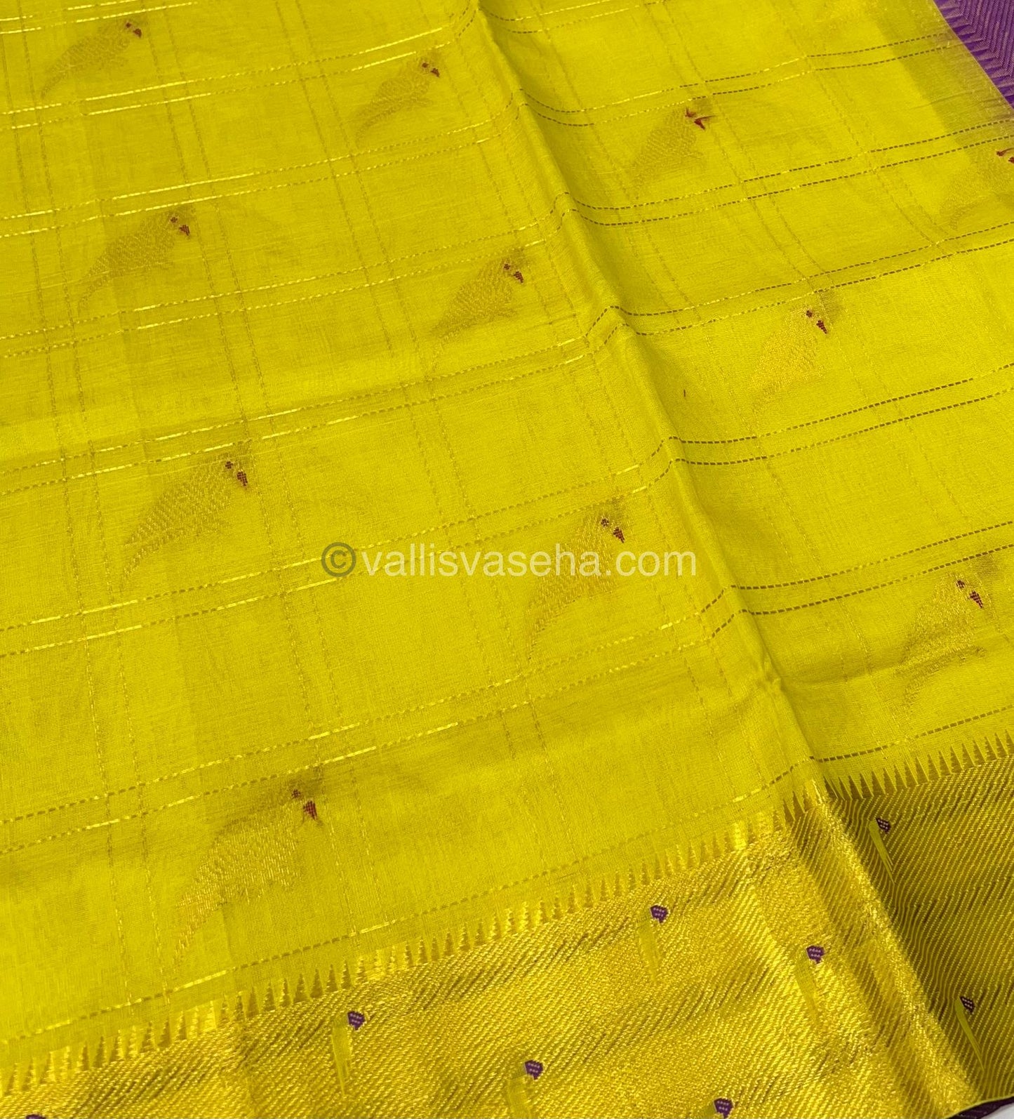 Pure Silk Cotton Saree - Paithani border - Lemon Yellow & Purple Combo - VVPSC001