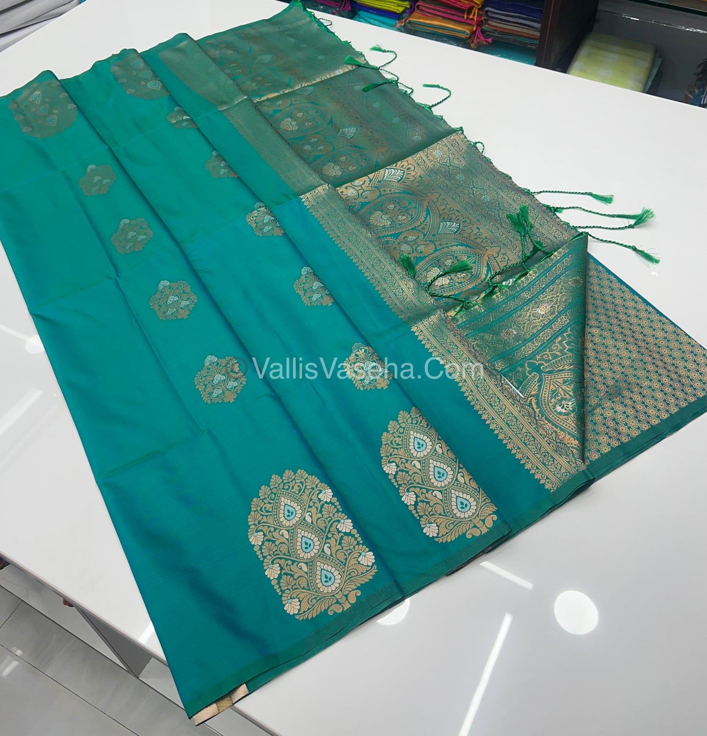 Semi Soft Silk - Border Butta - Peacock Greenish Blue Shade -VVSSS010