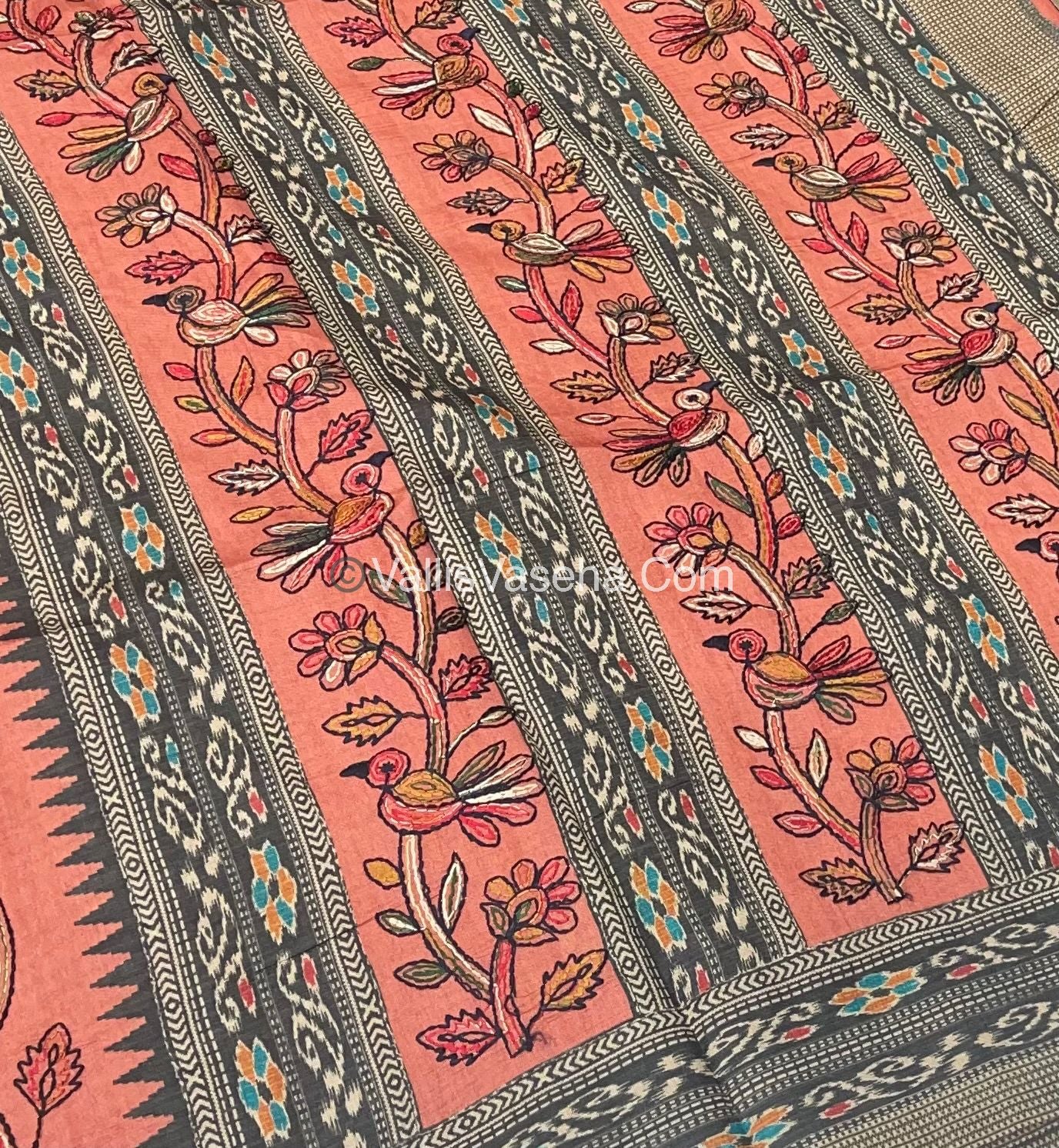Semi Tussar - Kantha Work Embroidery - Orangish Peach Shade - VVSTK001