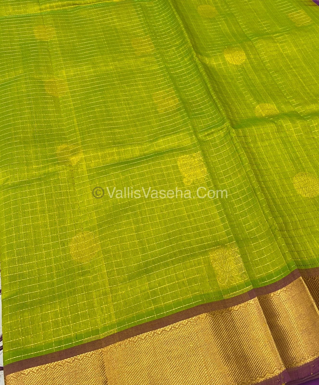 Pure Silk Cotton Saree - Mayil & Chakkaram Design - Lemon Green with Purple - VVMC002
