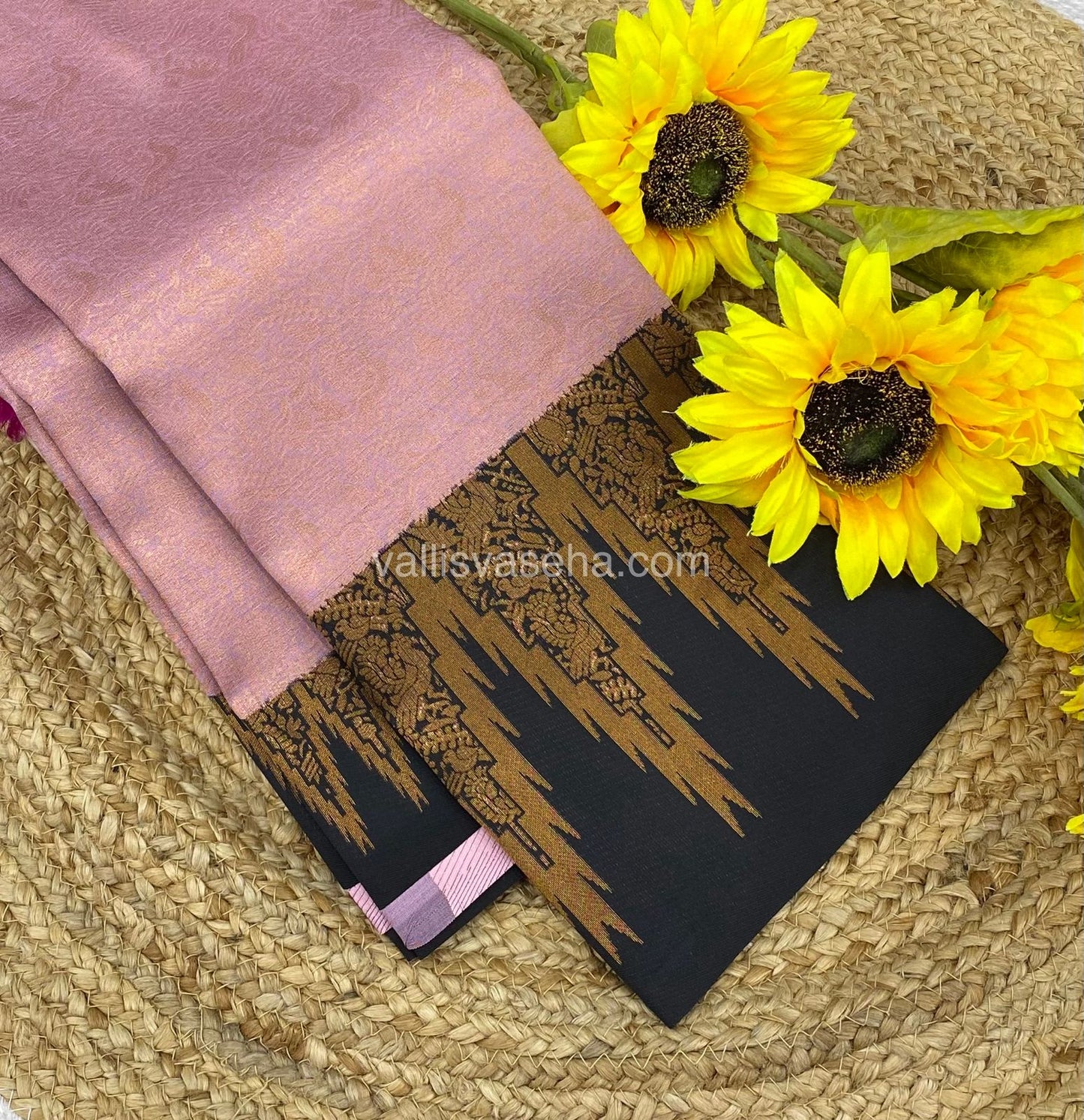 Kanchi Semi Silk - Light Pink With Black - Temple Border - VVKSS001