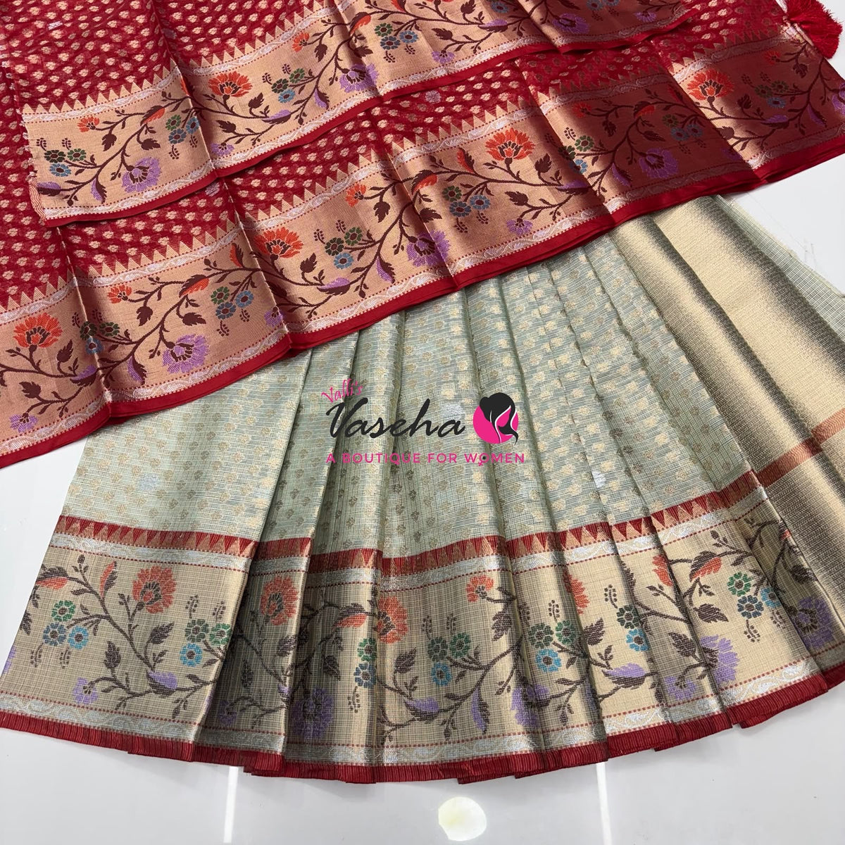 Unstitched - Lehenga Material - Zari Kota Tissue - Light Blue & Red - VVULM001