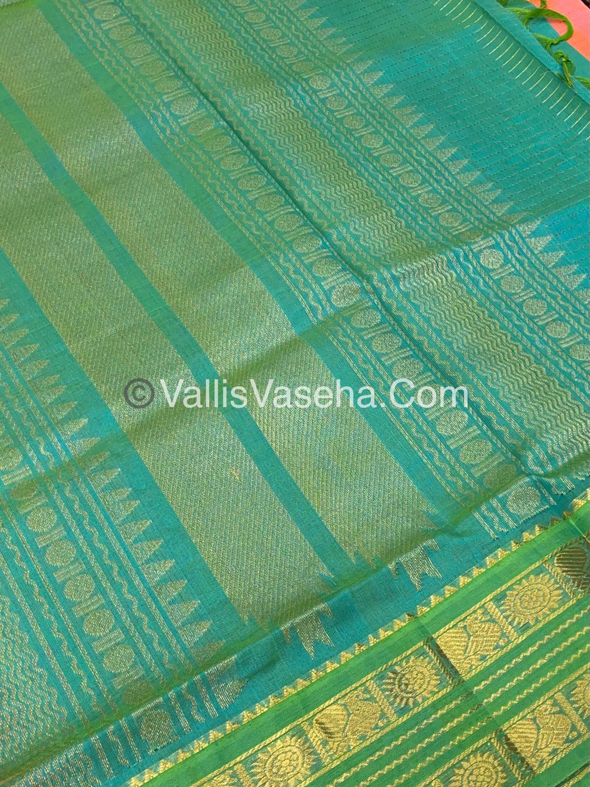 Pure Korvai Silk Cotton - Retta Petta Border - Double tone Pinkish Orange With Green Combo - VVKSC010