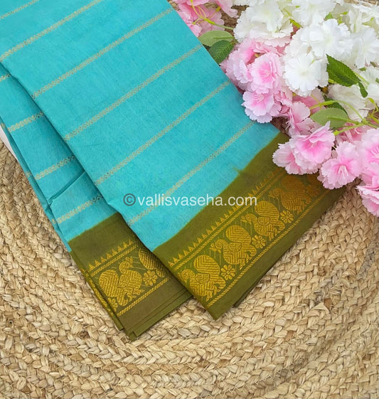 Sungudi Cotton Saree | Velthari Design - Sea Blue with Mehandi Green Shade - VVSCV001