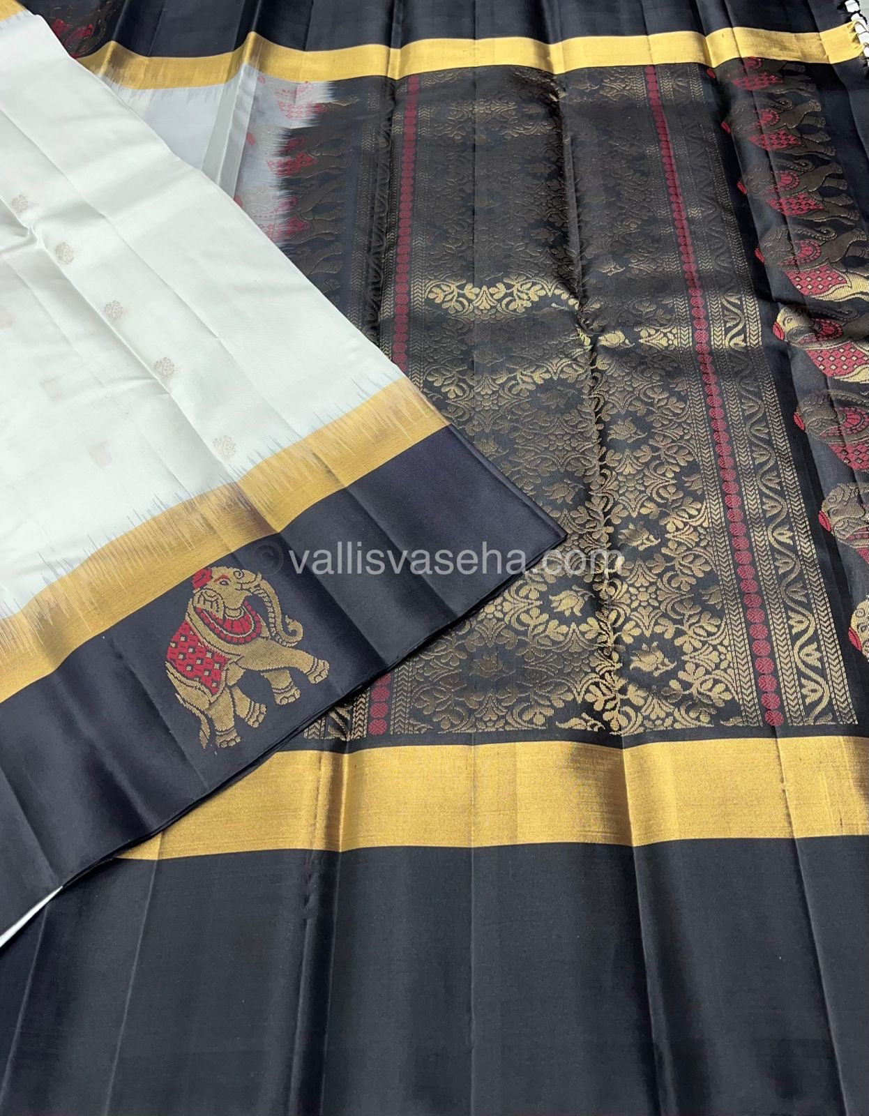 Pure Soft Silk Saree - Half White with Black - VVPSS028