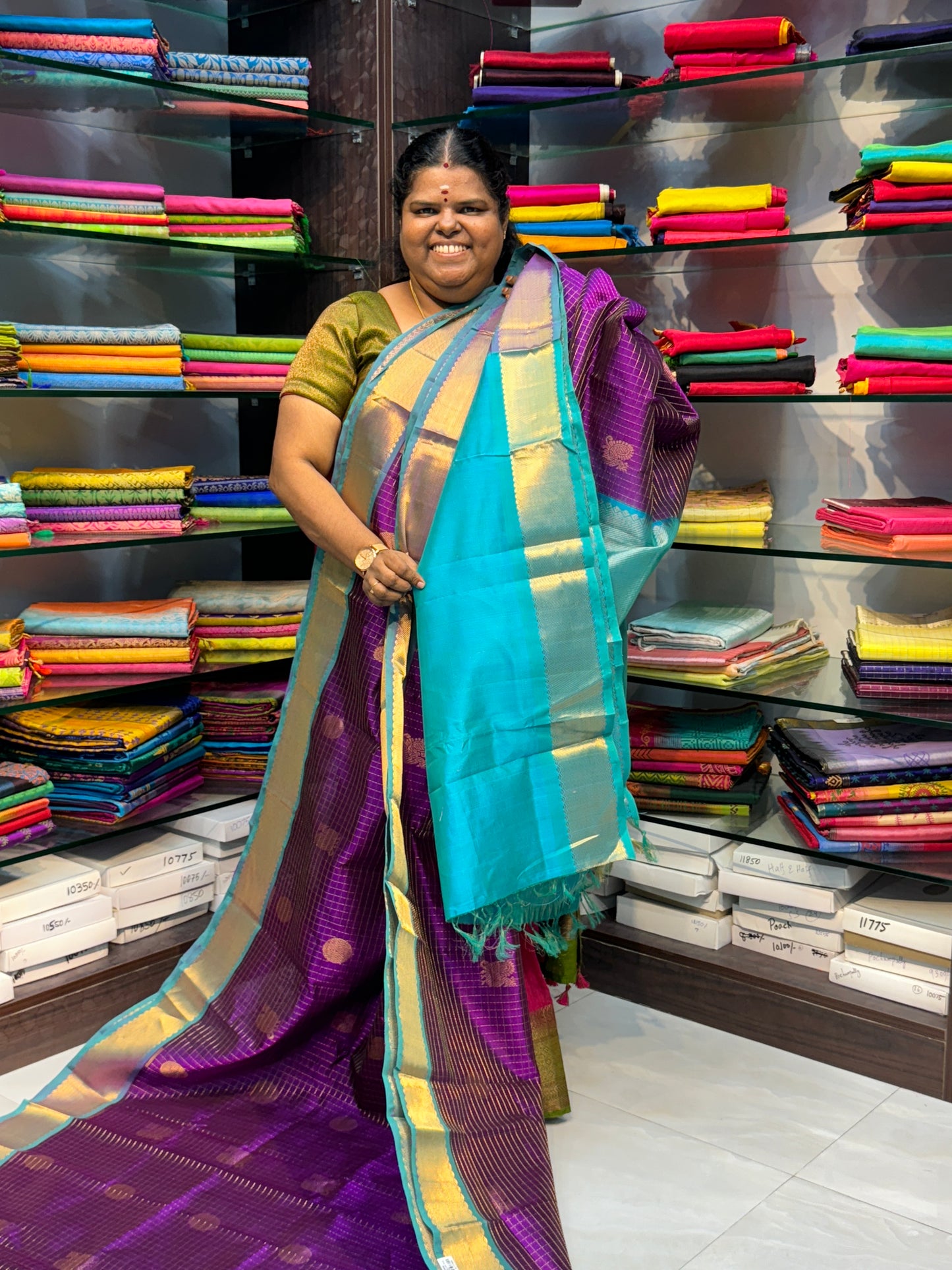 Pure Silk Cotton Saree - Mayil & Chakkaram Design - Purple with Turquoise Blue Combo - VVMC002