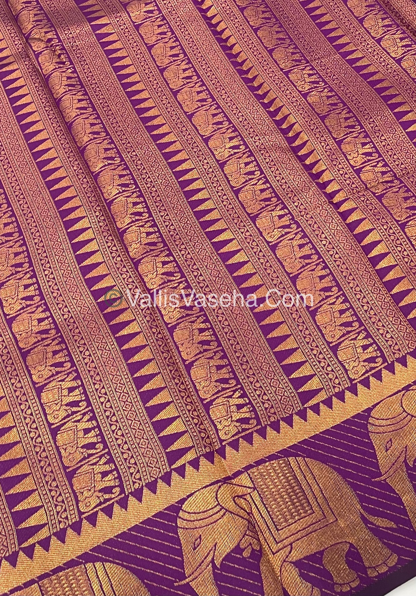 Semi Silk Saree - Kanchi Silk Style - Elephant Border - Green with Purple- VVSSS005