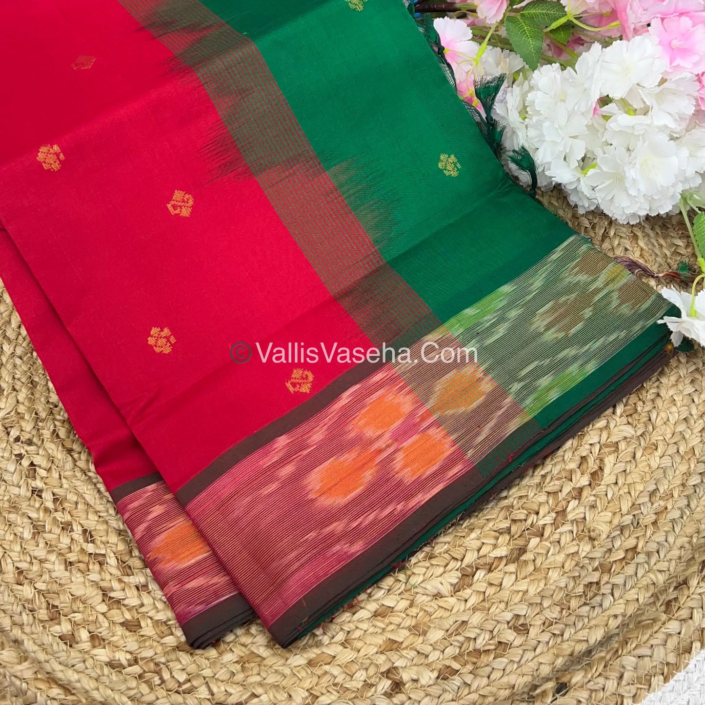 Semi Silk Cotton Saree - Red & Green - VVSSC001