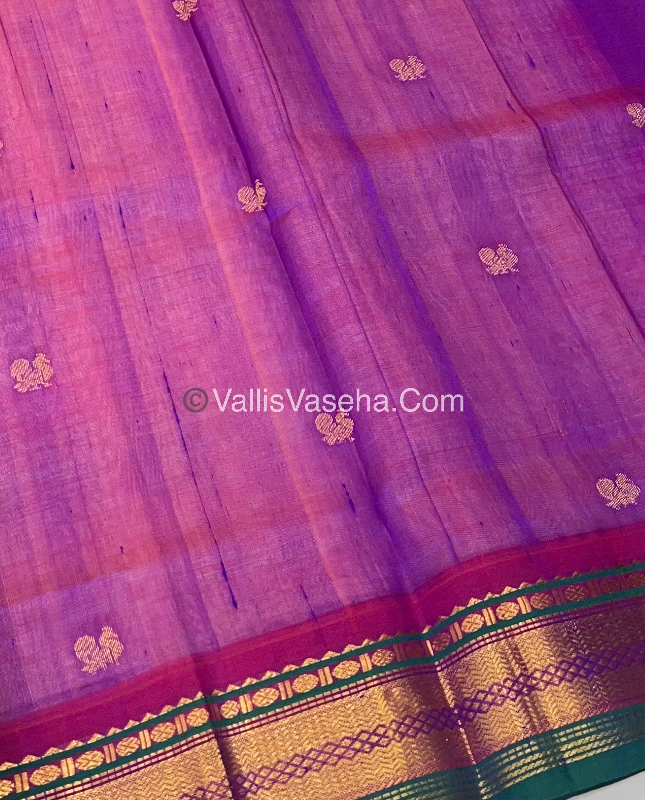 Pure Korvai Silk Cotton Saree - Cream with Ramar Green & Purplish Pink - VVKSC004
