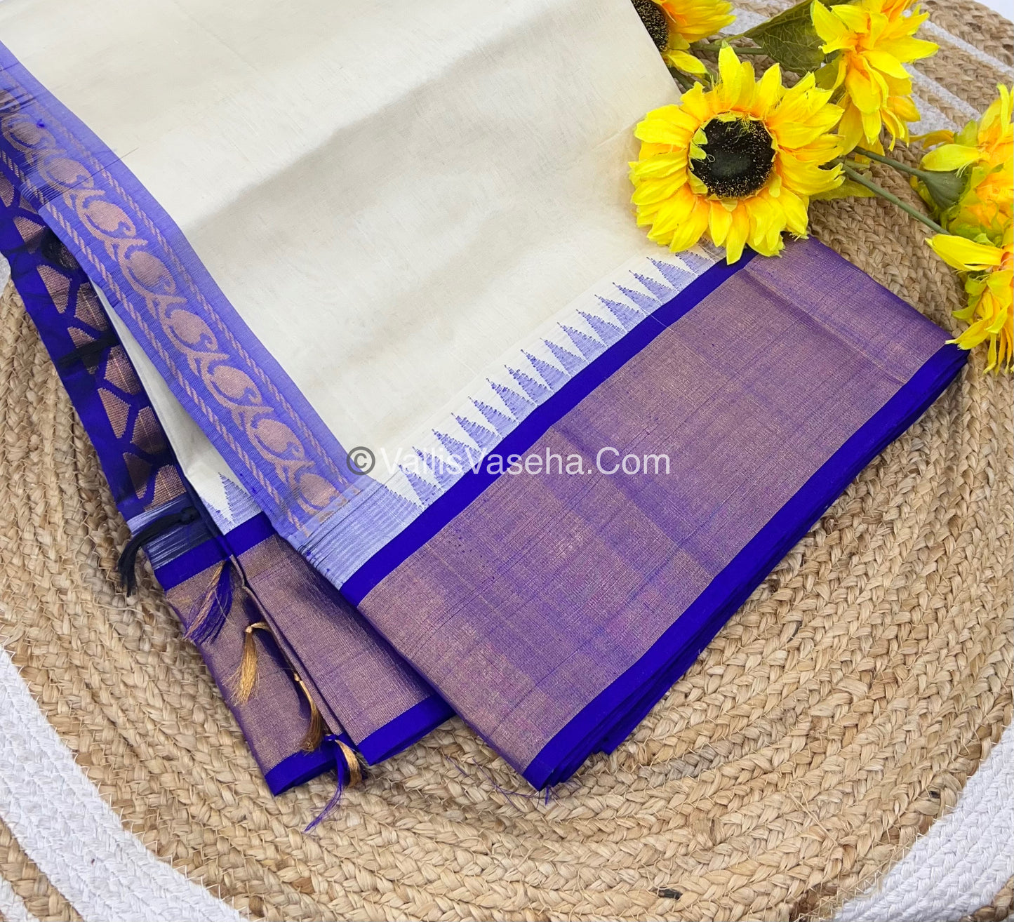Pure Korvai Silk Cotton Saree - Cream With Blue Shade Temple border - VVKSC001