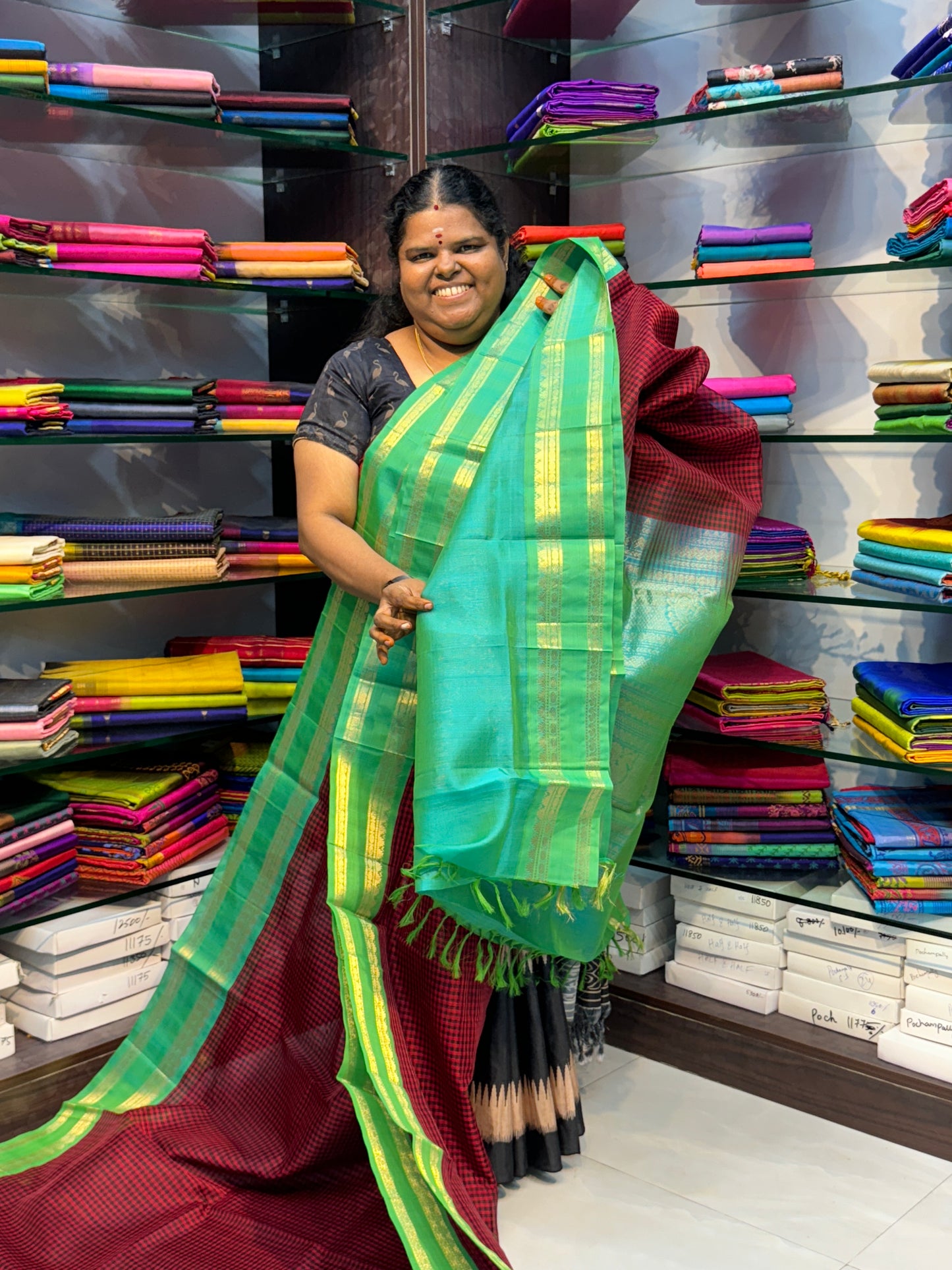 Pure Korvai Silk Cotton - Podi Kattam - Merun & Black with Teal Green - Retta Petta Border - VVKSC003