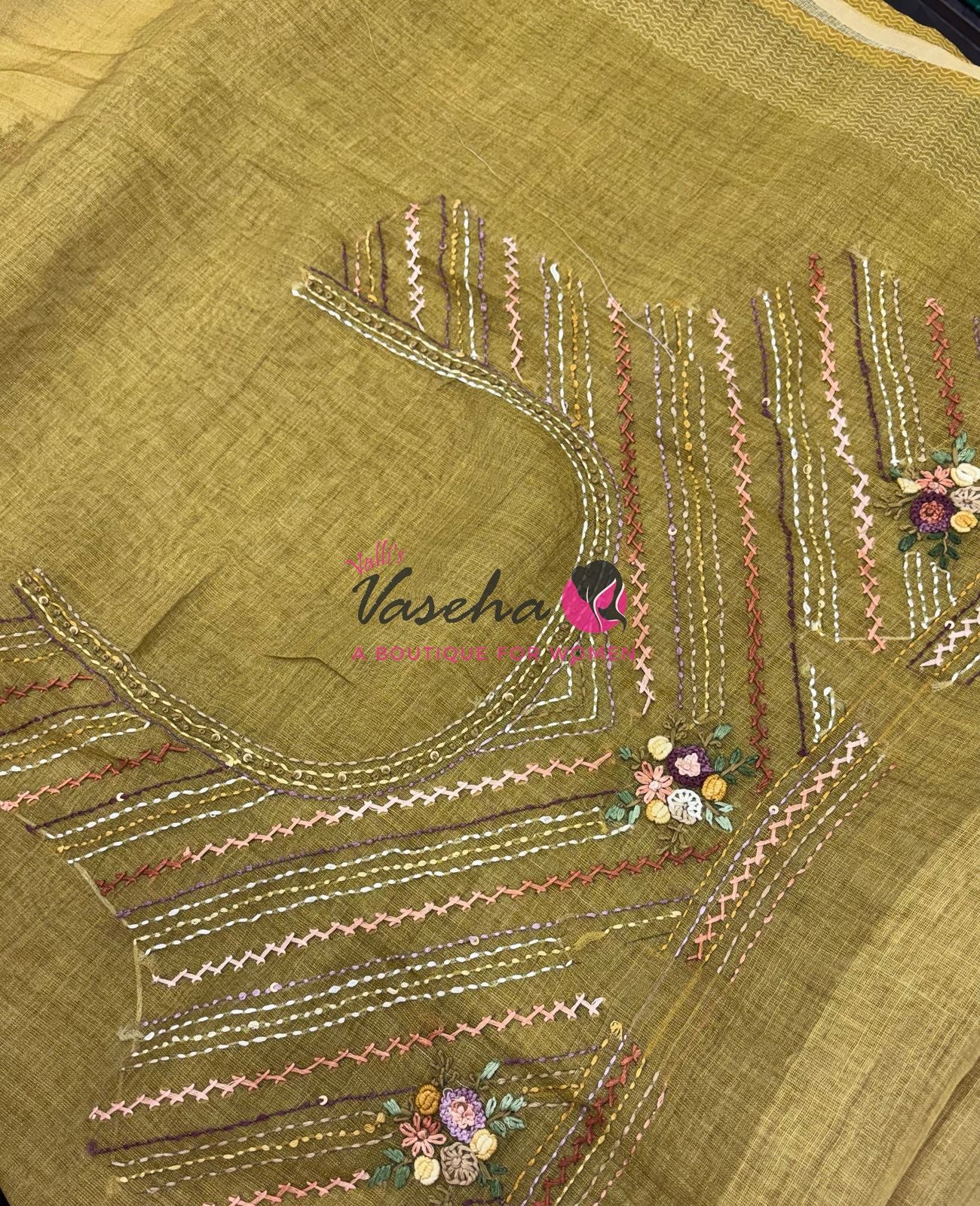 French Knot - Linen Tissue Saree - Mustard Greenish Yellow Shade - Heavy Work Blouse - VVLFN018