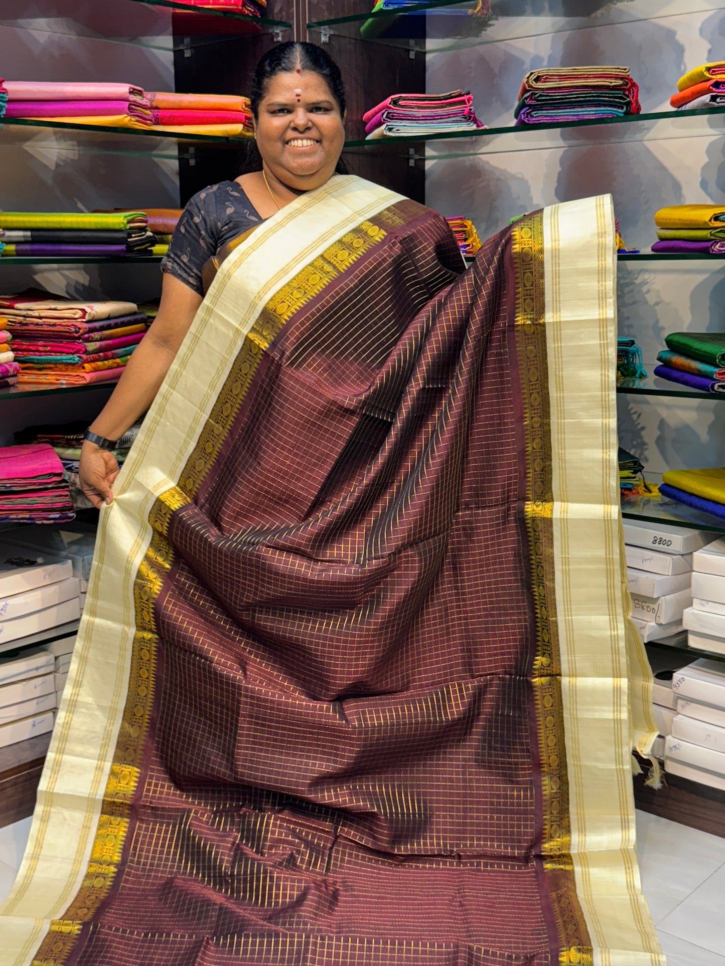 Pure Korvai Silk Cotton - Retta Petta Border - Meroonish Brown with Cream Combo - VVKSC010