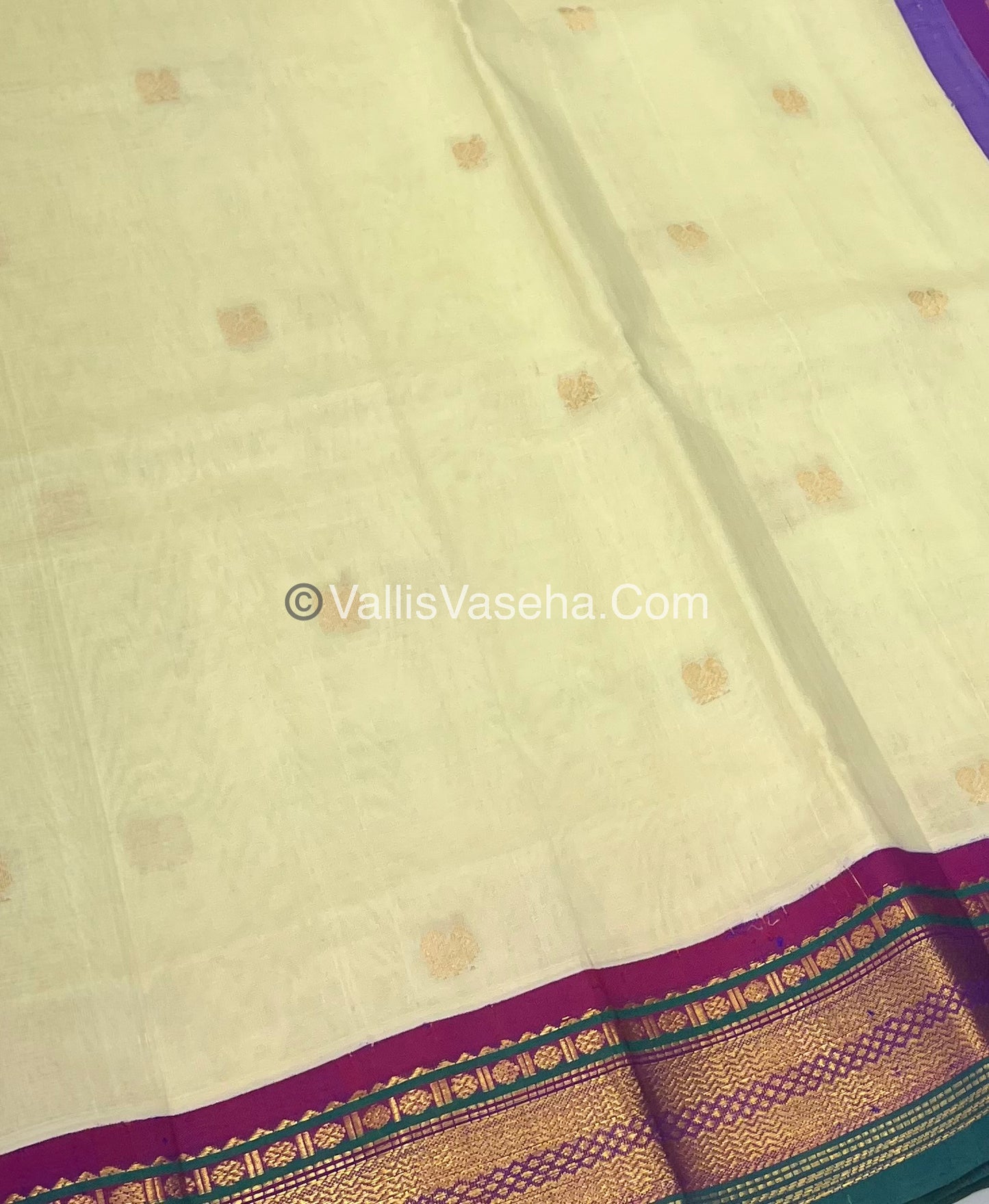 Pure Korvai Silk Cotton Saree - Cream with Ramar Green & Purplish Pink - VVKSC004