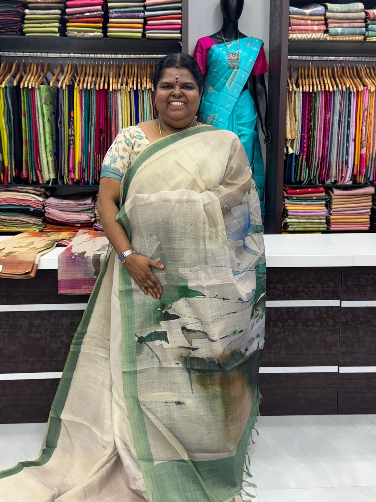 Tissue Linen Saree - Cloud Design - Green Shade - VVTLS002