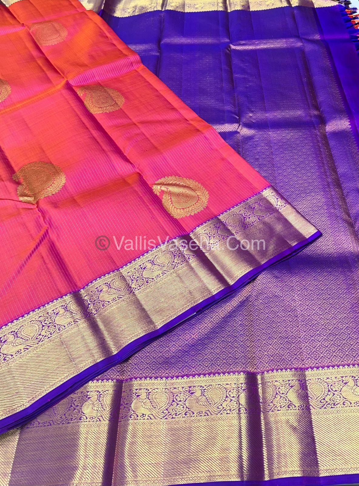 Pure Kanchipuram Silk Saree - Pinkish Peach with Purple combo VVPS011