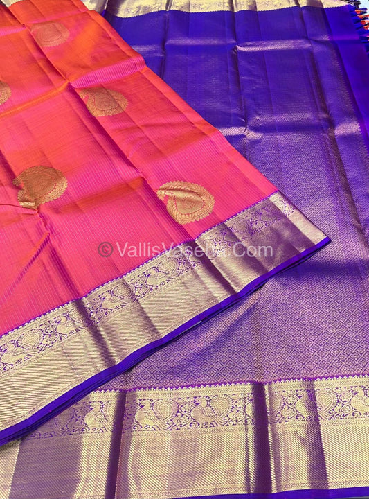 Pure Kanchipuram Silk Saree - Pinkish Peach with Purple combo VVPS011