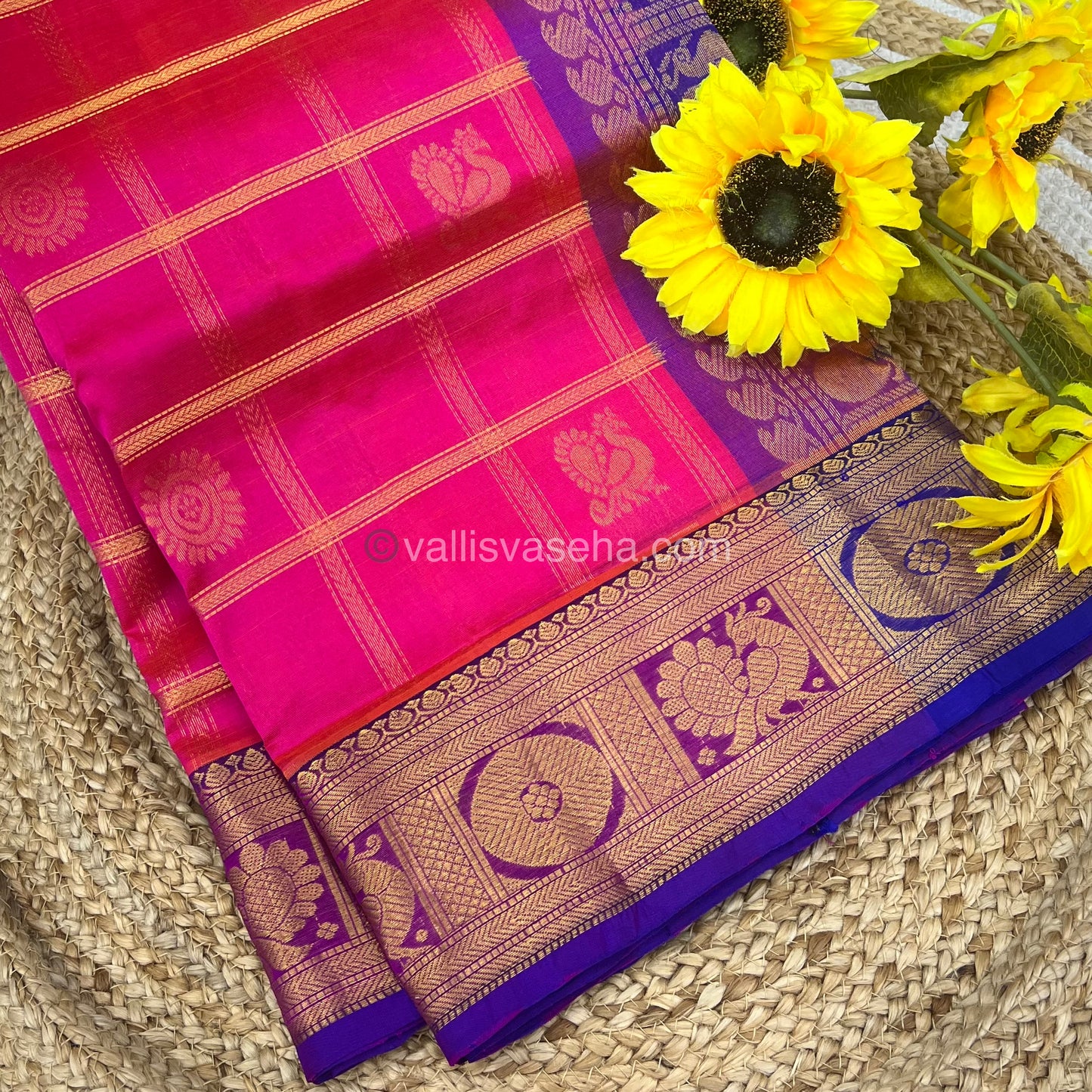 Pure Silk Cotton Saree - Mayil & Chakkaram Design - Pink With Blue Combo -VVMC003
