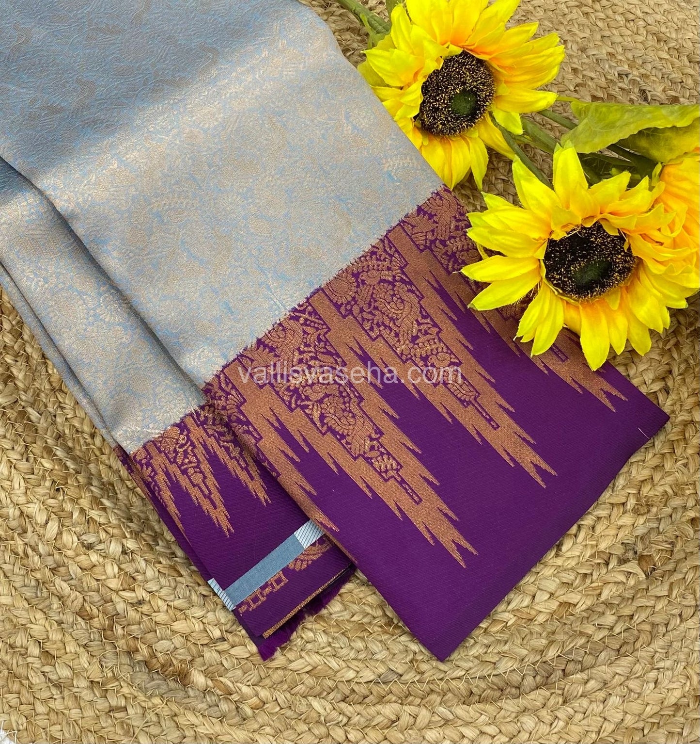 Kanchi Semi Silk - Ice Blue(Grey shade)with Purple - Temple Border - VVKSS001