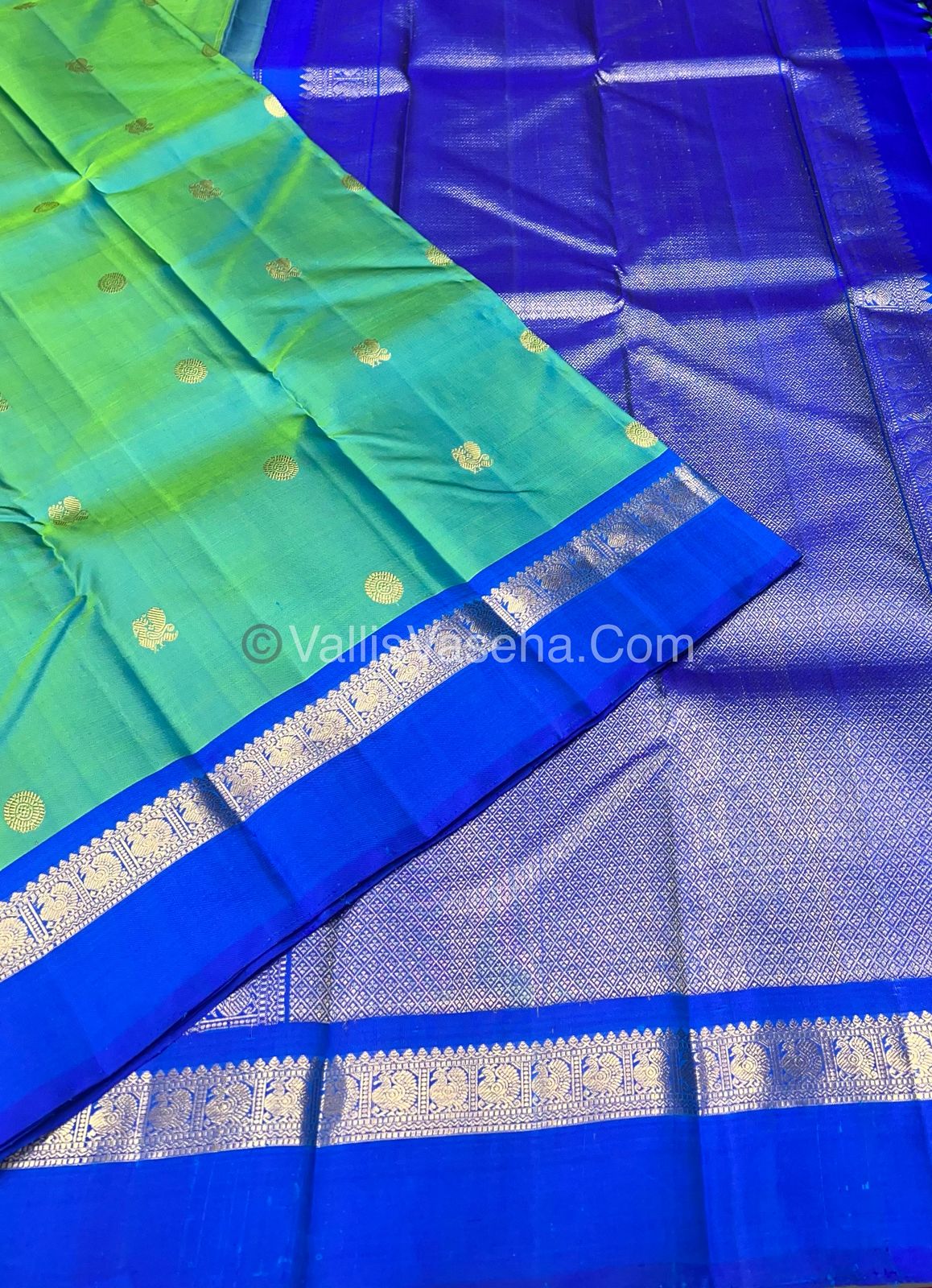 Pure Kanchipuram Silk Saree - Double Tone Teal Yellow with Blue Combo - VVPS011
