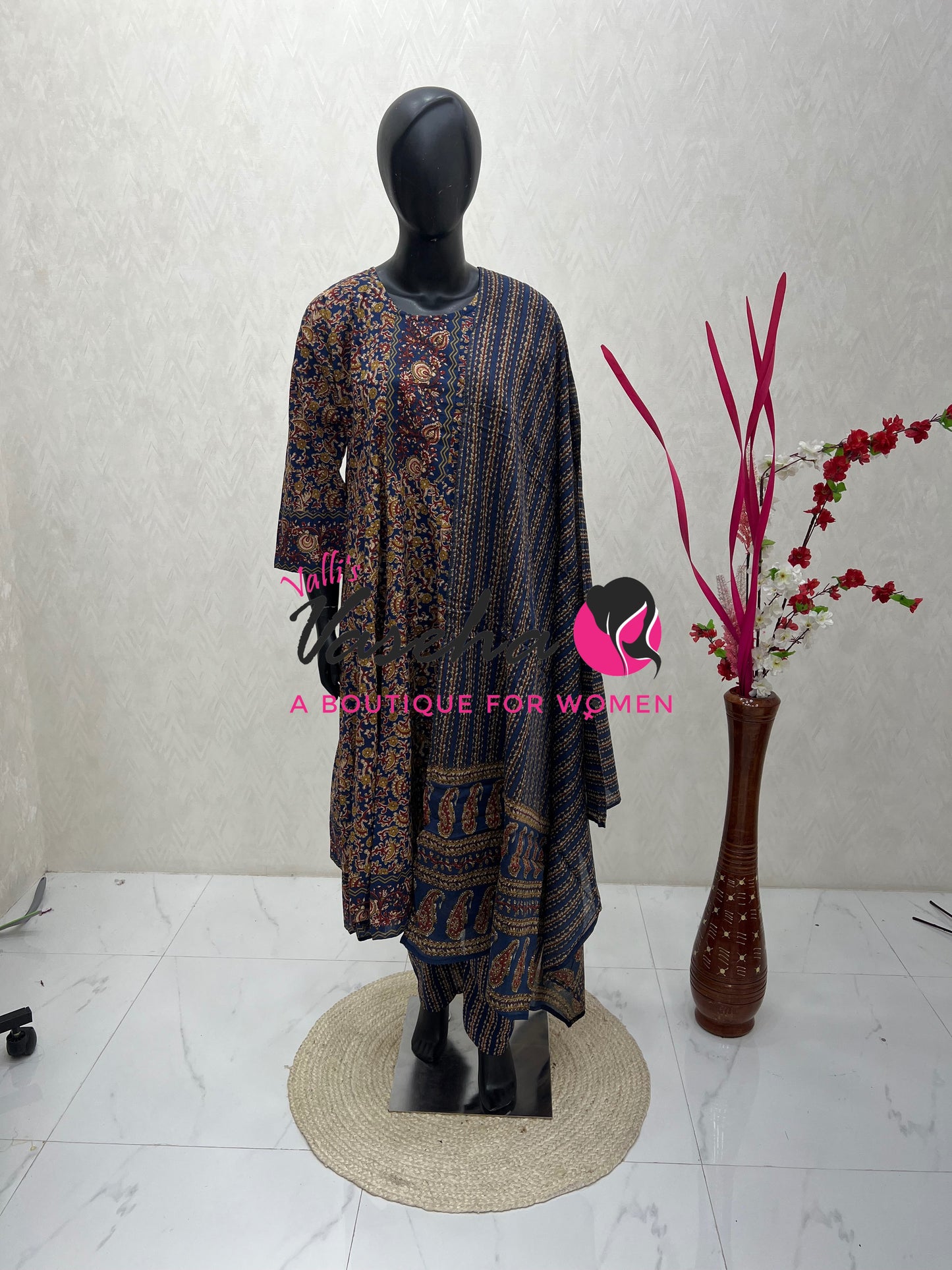 Ready Made | Anarkali - Kalamkari Print |Salwar, Kameez & Duppatta(3pc)|Cotton |Blue -VVAS008