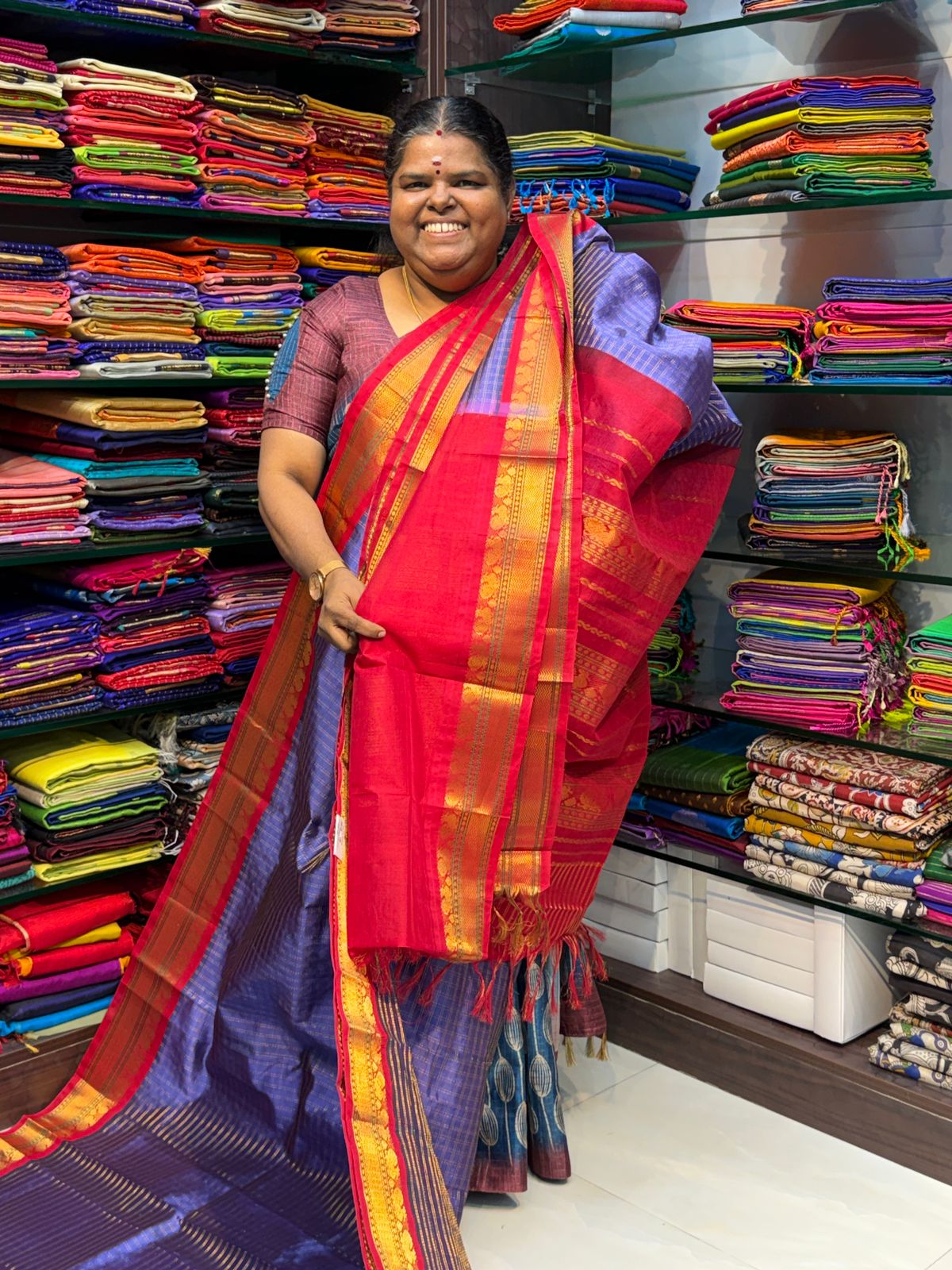 Pure Korvai Silk Cotton - Dark Lavender& Red Combo - VVKSC010