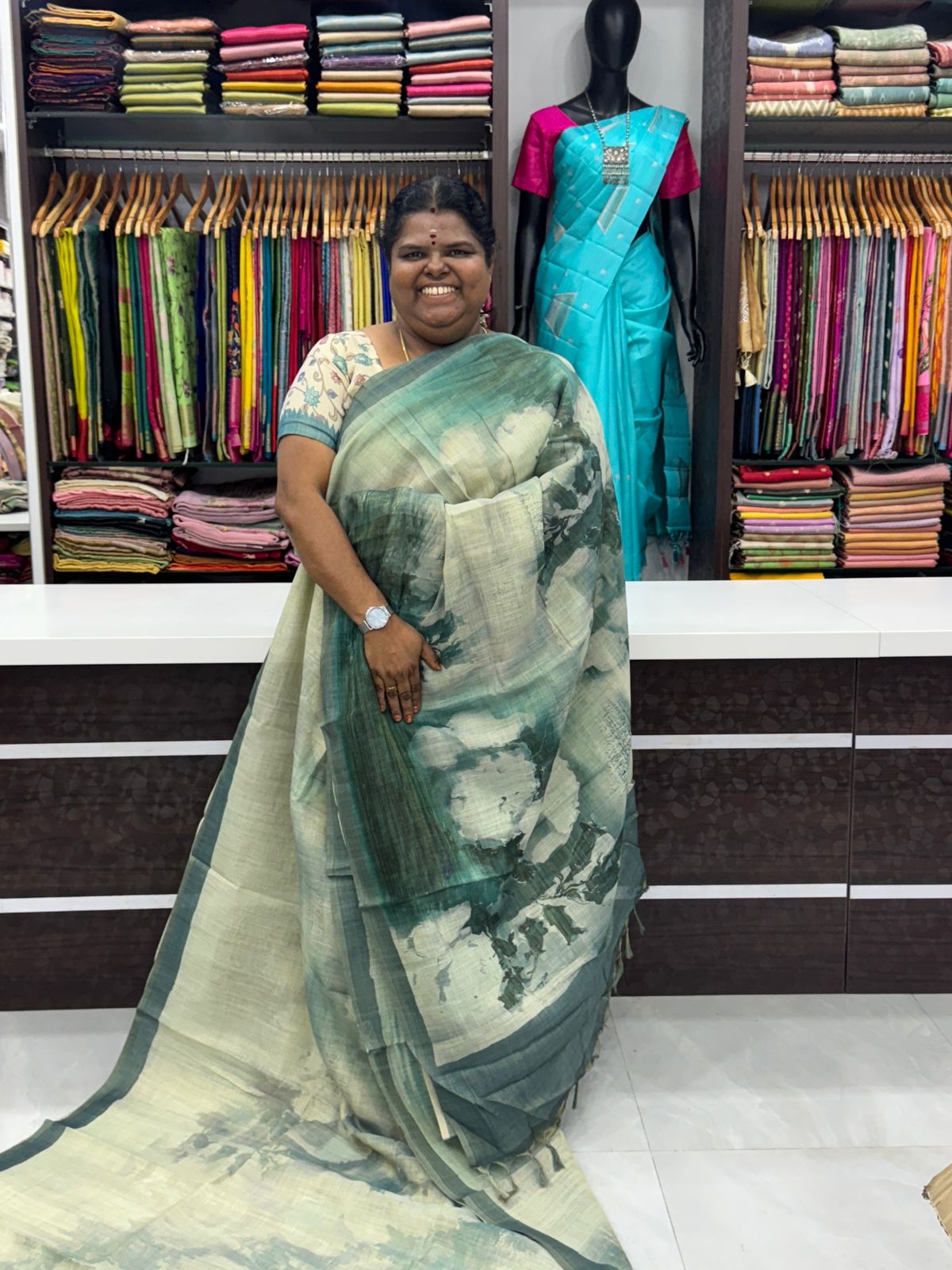 Tissue Linen Saree - Cloud Design - Green Shade - VVTLS002