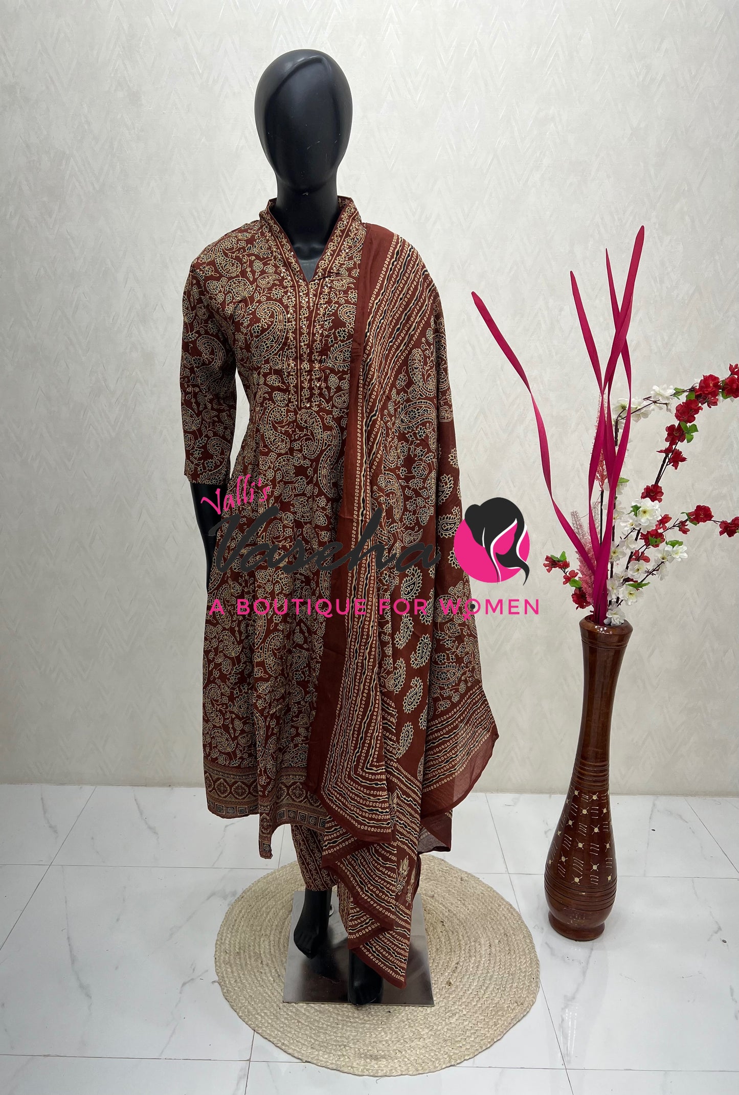 Ready Made | Anarkali - Ajrakh Print |Salwar, Kameez & Duppatta(3pc)|Cotton |Merun - VVAS009