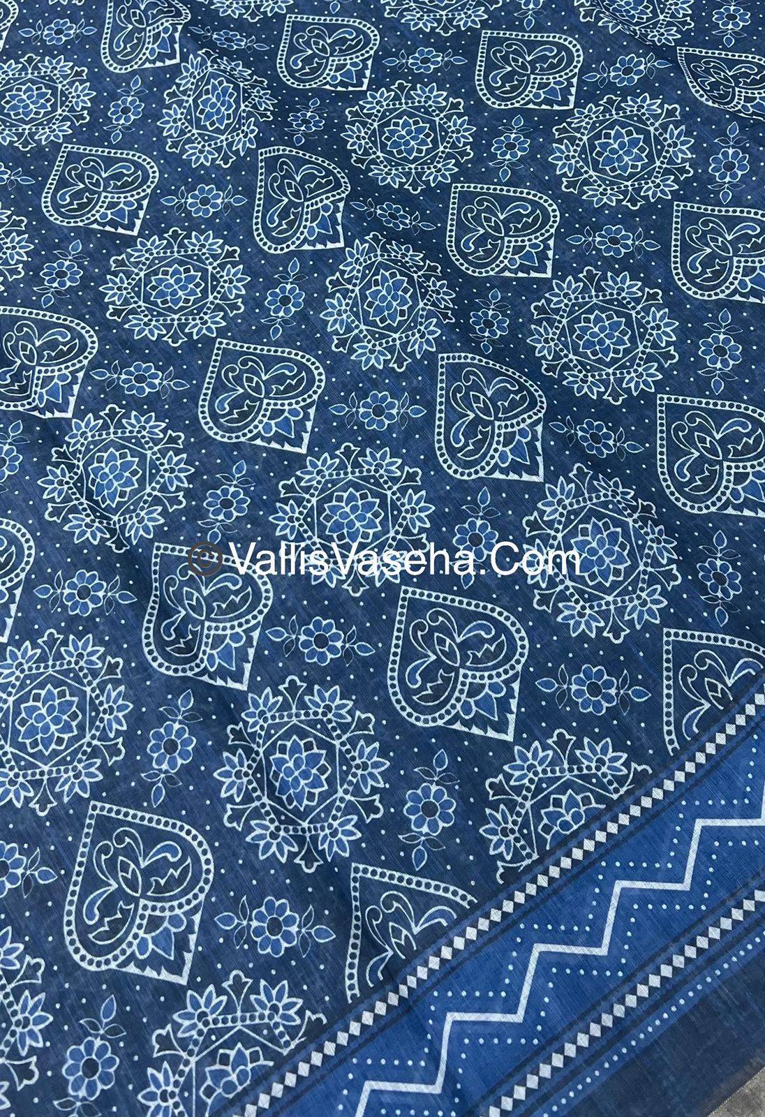 Linen Mixed Cotton Saree - Indigo Blue - Printed - VVLMP001