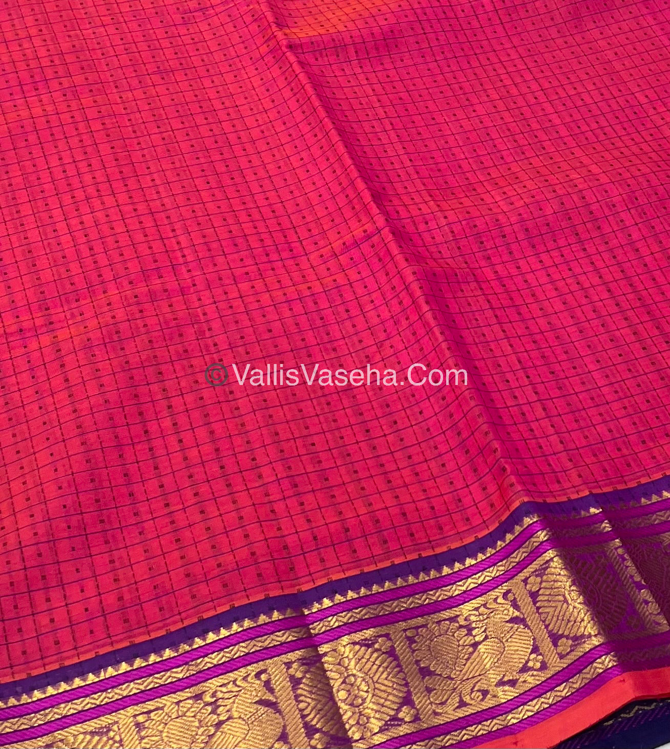 Pure Silk Cotton Saree - Peachish Pink With Blue - Lakshadeepam Design - VVPLD001
