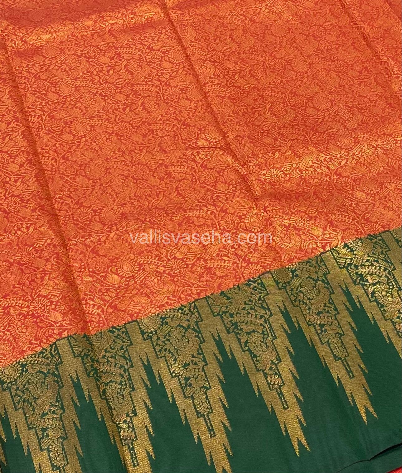 Kanchi Semi Silk - Red With Green - Temple Border - VVKSS001