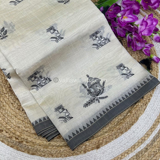 Semi Tussar Embroidery - Cream with Greyish Black Combo - VVSTE001