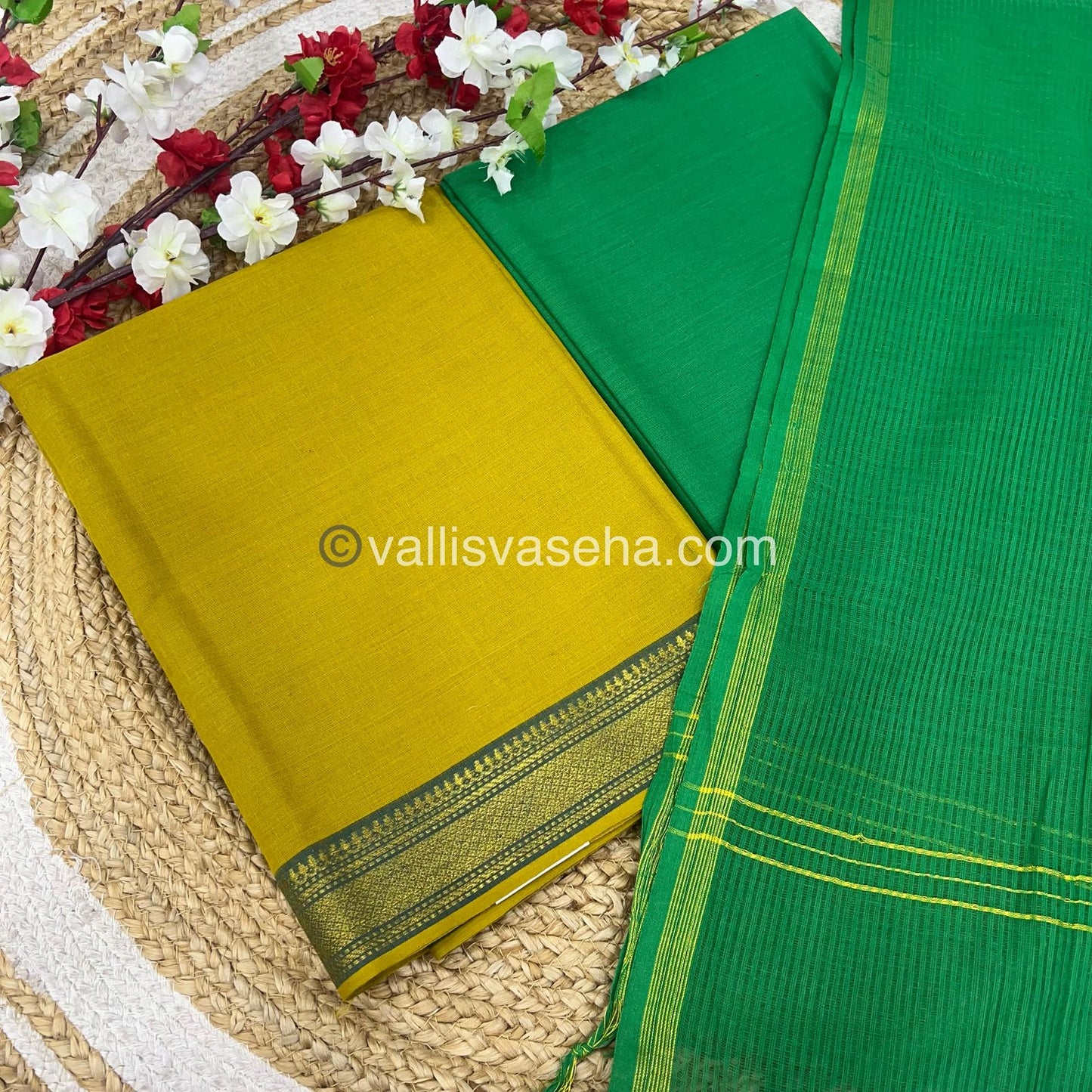 Unstitched Salwar Material - Mangalagiri Cotton - Mustard Green & Green Shade - VVUSM014