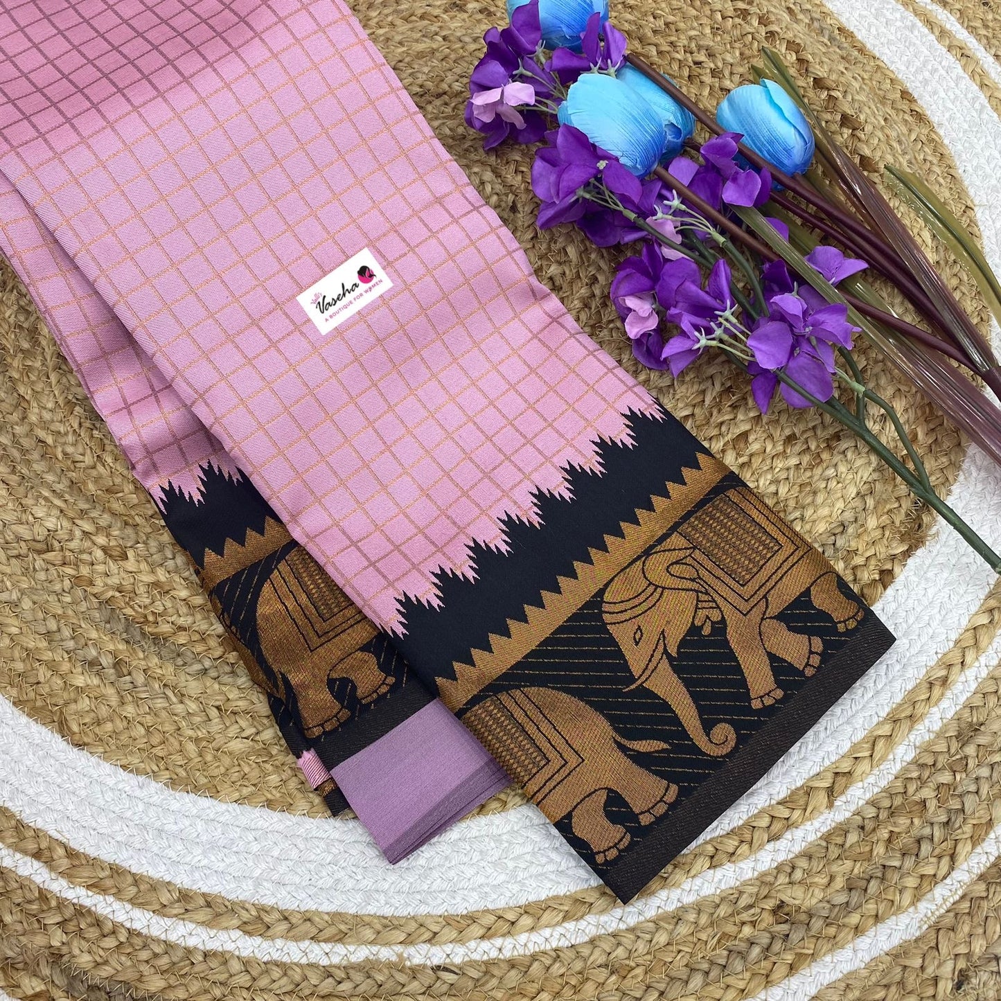 Semi Silk Saree - Kanchi Silk Style - Elephant Border - Light Pink with Black - VVSSS005